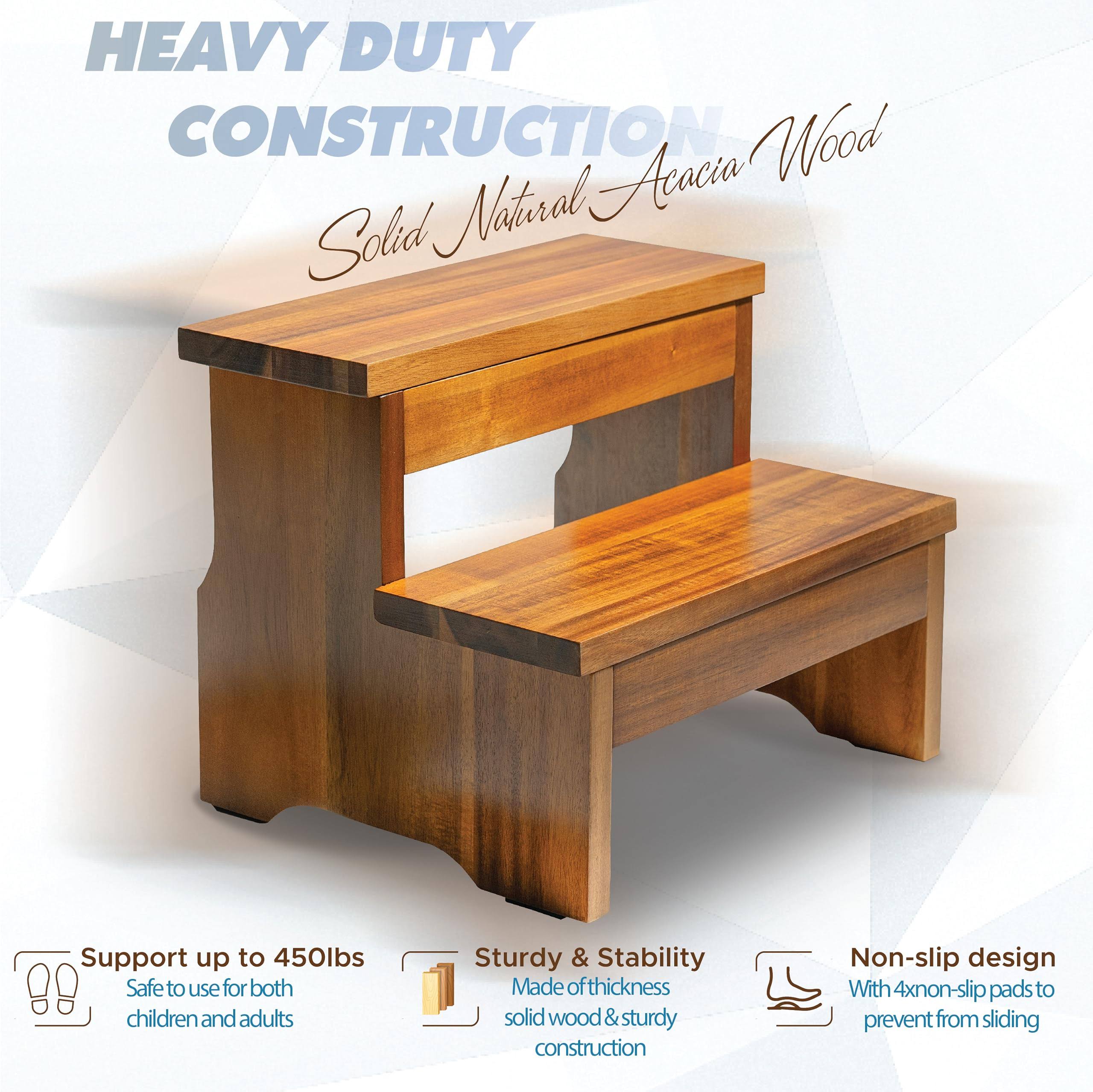 Wooden Two Step Stool- Heavy Duty 2 Step Stool for Adult and Kids- Holds Up to 450lb for Kichen/Bathroom/Bedside Step Stool (Acacia)