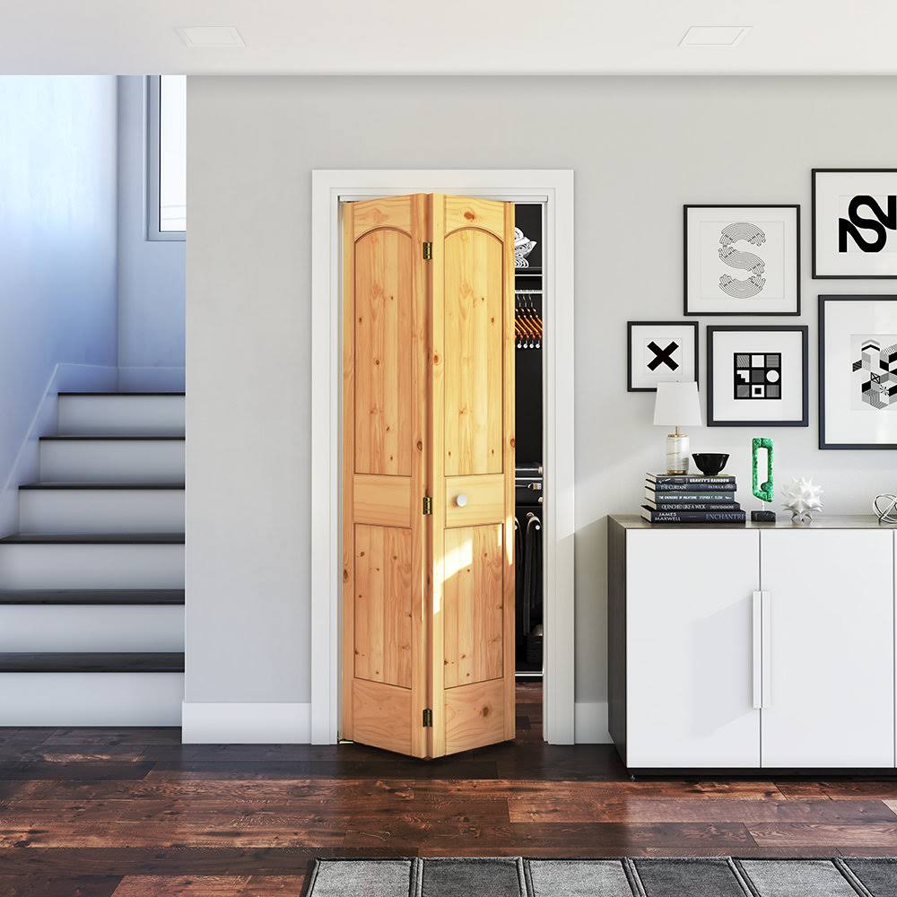 EightDoors 36-in x 80-in Natural 2-Panel Arch Top Unfinished Pine Wood Bifold Door Hardware Included in Clear | 100688005803635