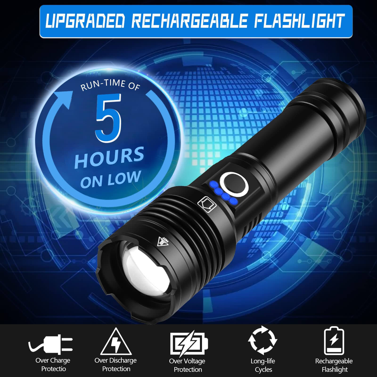 Goodea Flashlights LED High Lumens Rechargeable, 5000 Lumens XHP50 Super Bright Flashlight, High Power Flash Light, 5 Light Modes, Z, Aluminum