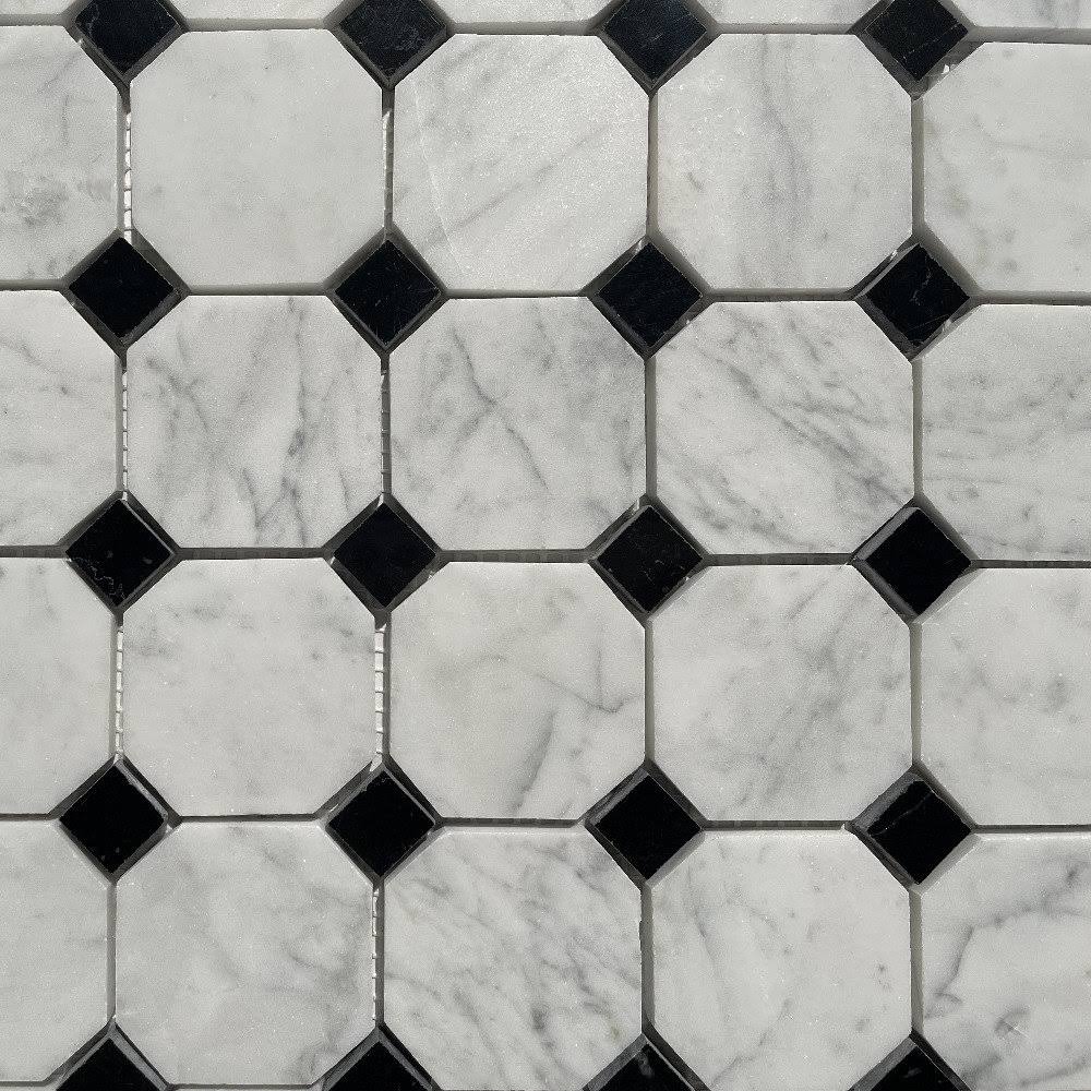 White Carrara Venato Marble Octagon Mosaic Tile Black Dots Polished 2