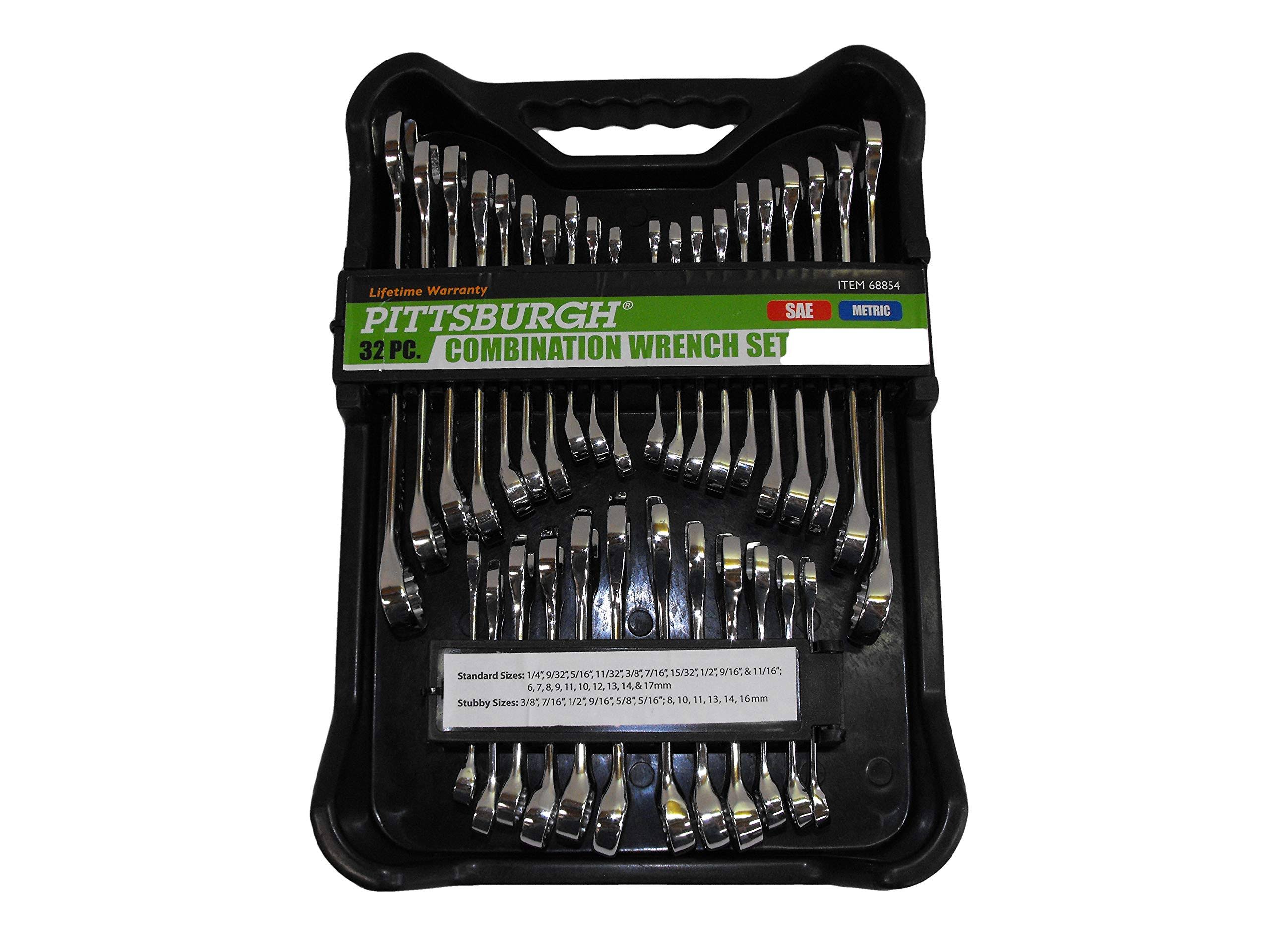 Pittsburgh Fully Polished SAE and Metric Combination Wrench Set, 32 Piece