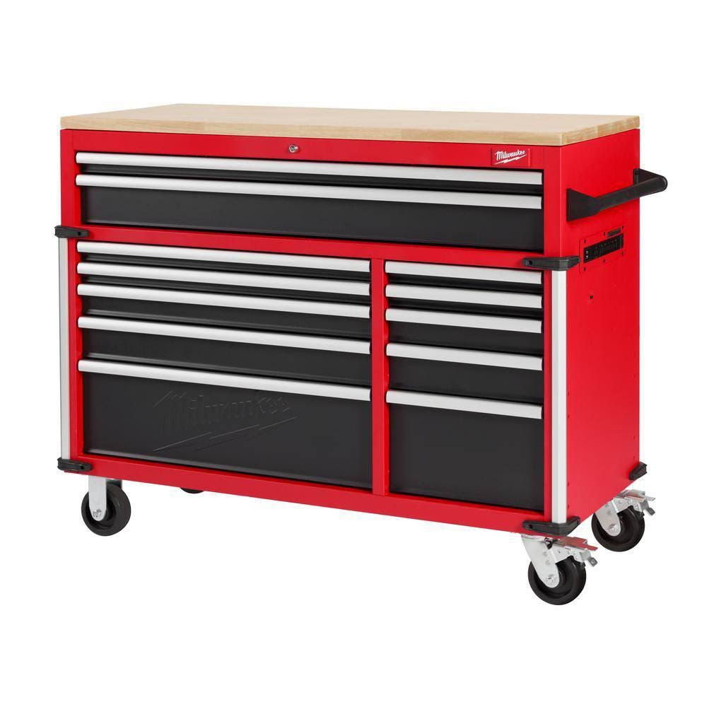 Milwaukee 52 in. W x 22 in. D 12 Drawer Heavy Duty Mobile Workbench Cabinet in Red 48-22-8559