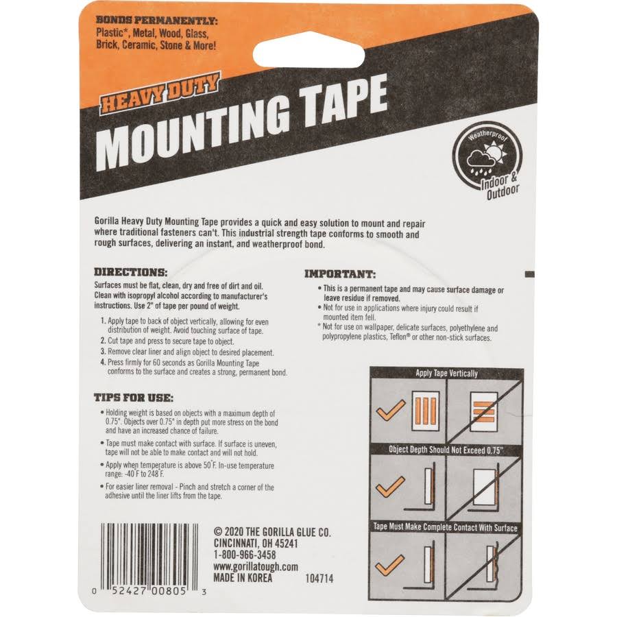 Gorilla 1 in. x 10 ft. Black Heavy Duty Mounting Tape