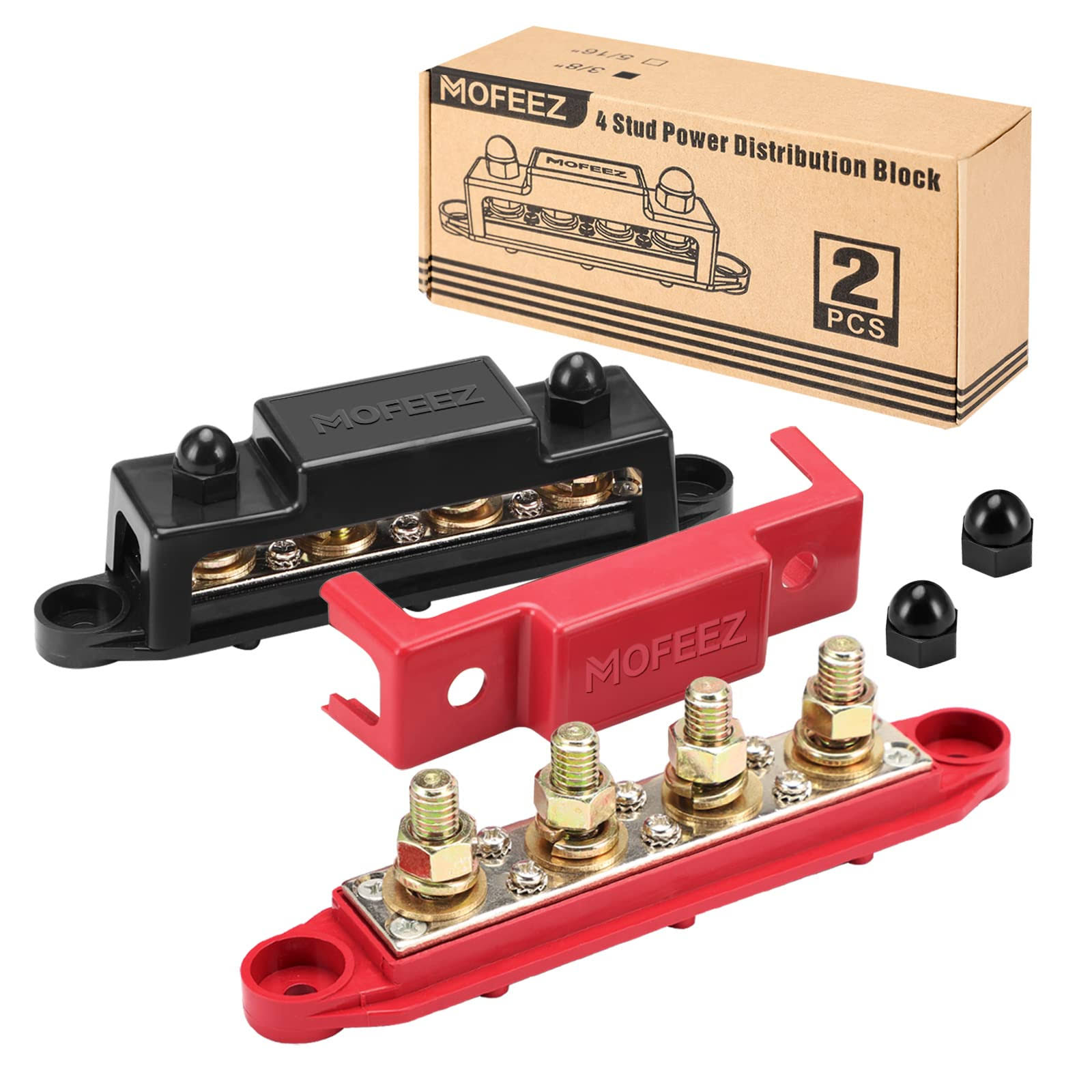 Mofeez Power Distribution Block Bus Bar, 4 x 38 Posts, 6 x #8 Screws terminals, Max 48V 250A (Pair, Red & Black)