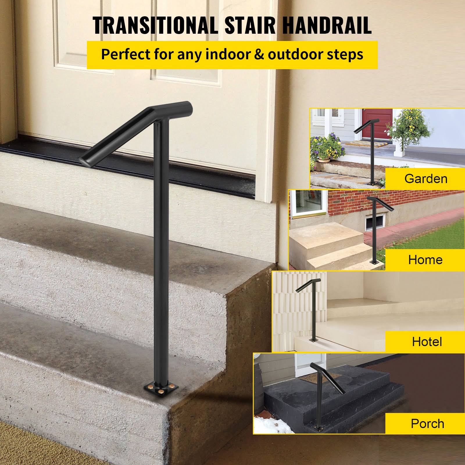 VEVOR 1-2 Steps Single Post Handrail 17.7-in x 37.8-in Wrought Iron Finished Wrought Iron Handrail in Black | LTFS2BXYGLZHS0001V0