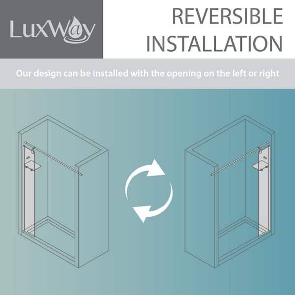 LuxWay Poseidon 60 in. W x 70 in. H Fixed Frameless Splash Panel and Curtain Rod Shower Door in Chrome with Clear Glass & Shelf
