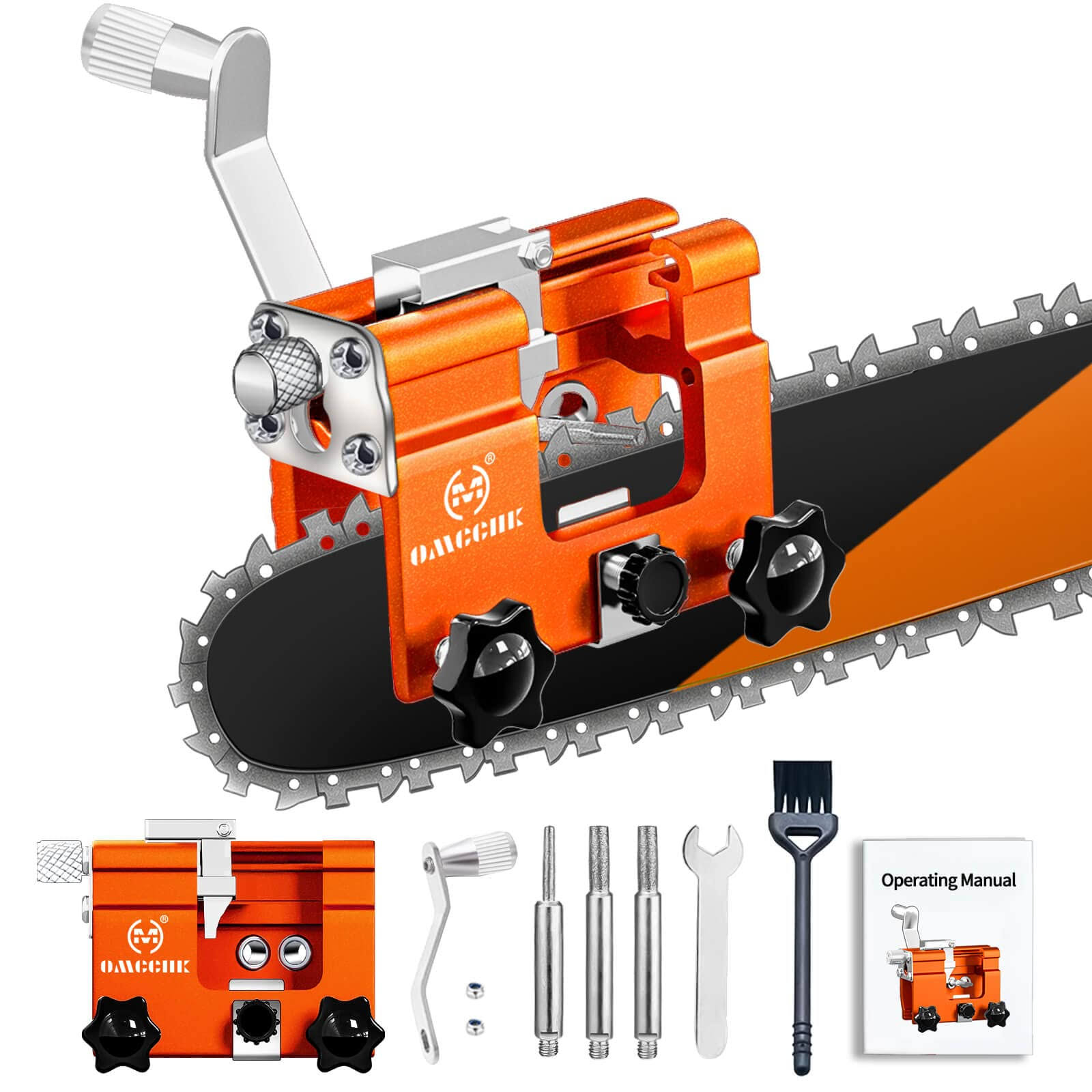 OMCCHK Chainsaw Sharpener Jig Kit, Portable Chainsaw Sharpening Tool with Burr Grinding Stone & Cleaning Brush, Manual Chain Saw Blade Sharpener