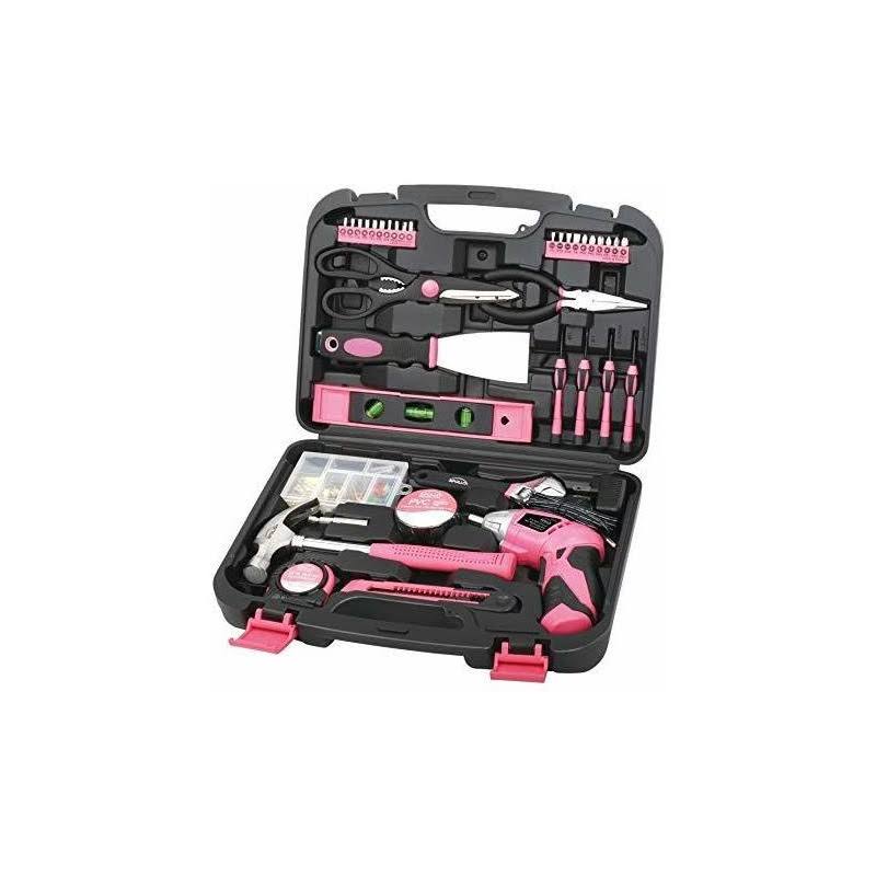Apollo Tools Dt0773n1 135 Piece Complete Household Tool Kit with 4.8 Volt Cordless Screwdriver and Most Useful Hand Tools and DIY Accessories Pink