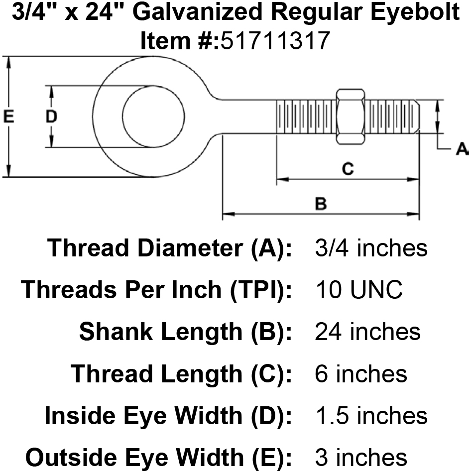 Galvanized Drop Forged Regular Eye Bolts, Size: 3/4 x 24