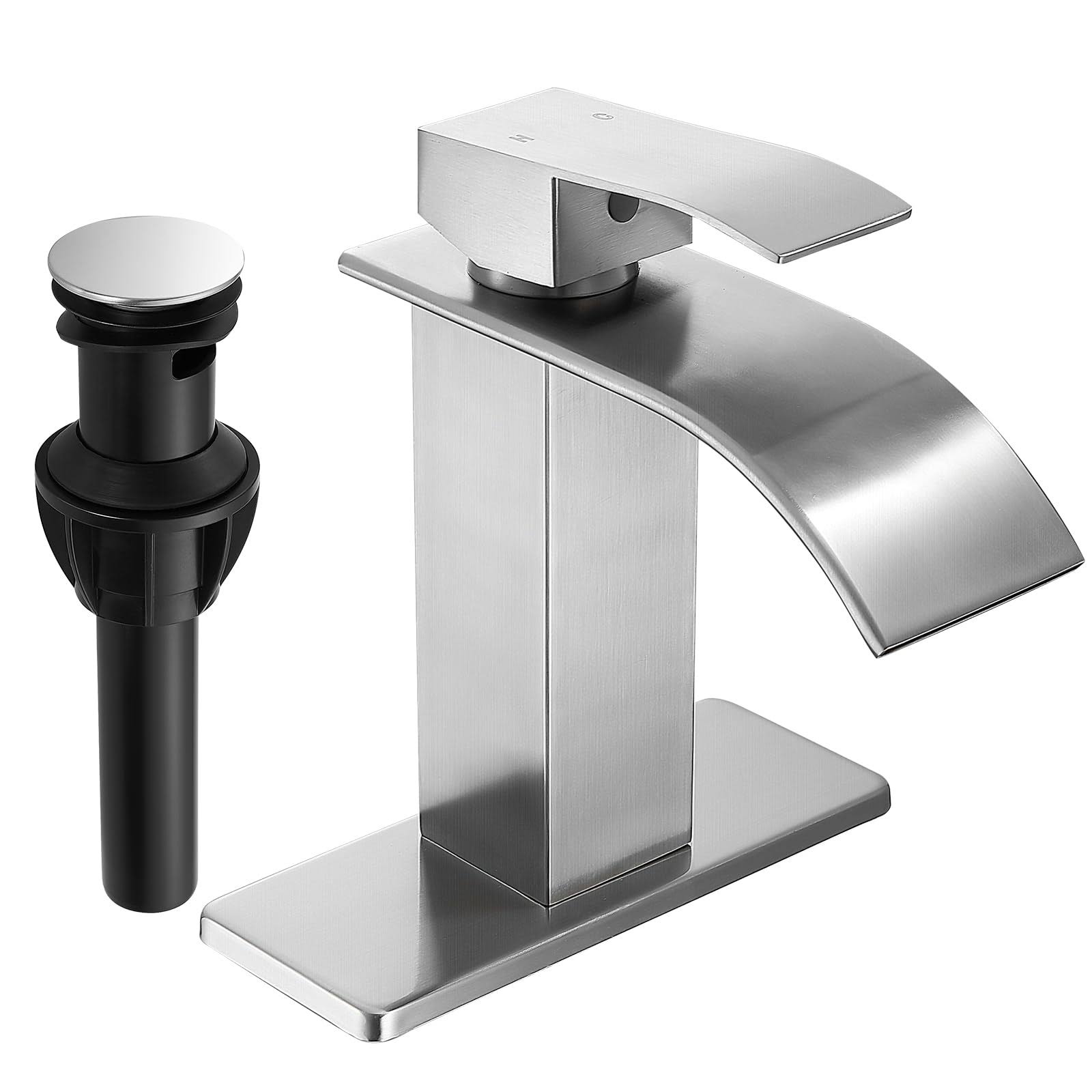 FRANSITON Brushed Nickel Waterfall Bathroom Faucet Lavatory Single Handle 1 or 3 Hole Bathroom Sink Faucet Washbasin Faucet with Deck and Pop-Up