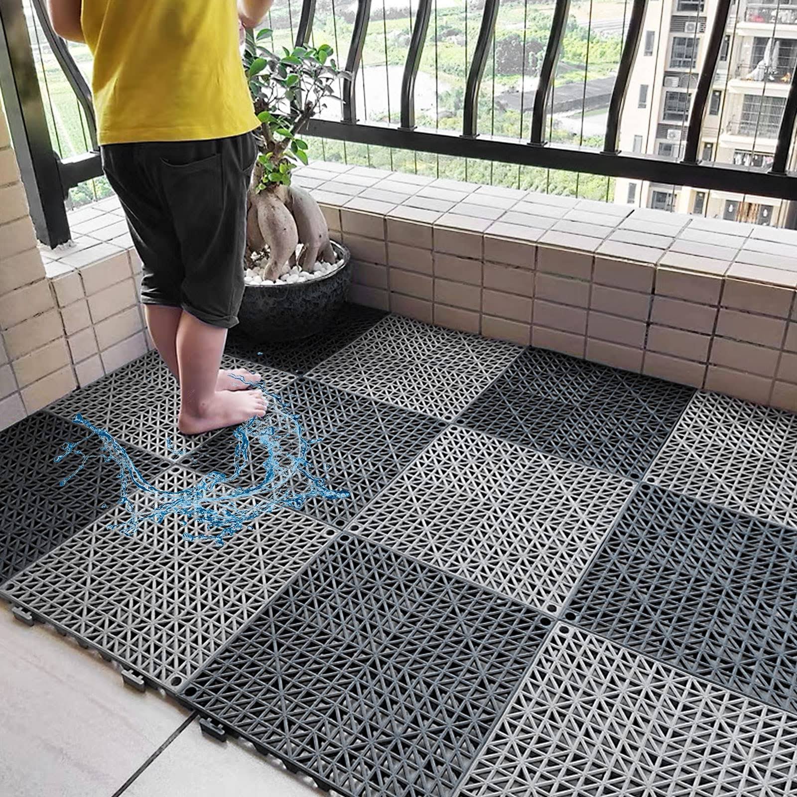 Fengwu 12 Pack 12 x 12 Interlocking Rubber Bathroom Flooring Tiles Non-Slip Splicing Waterproof Mat Modular Interlocking Cushion