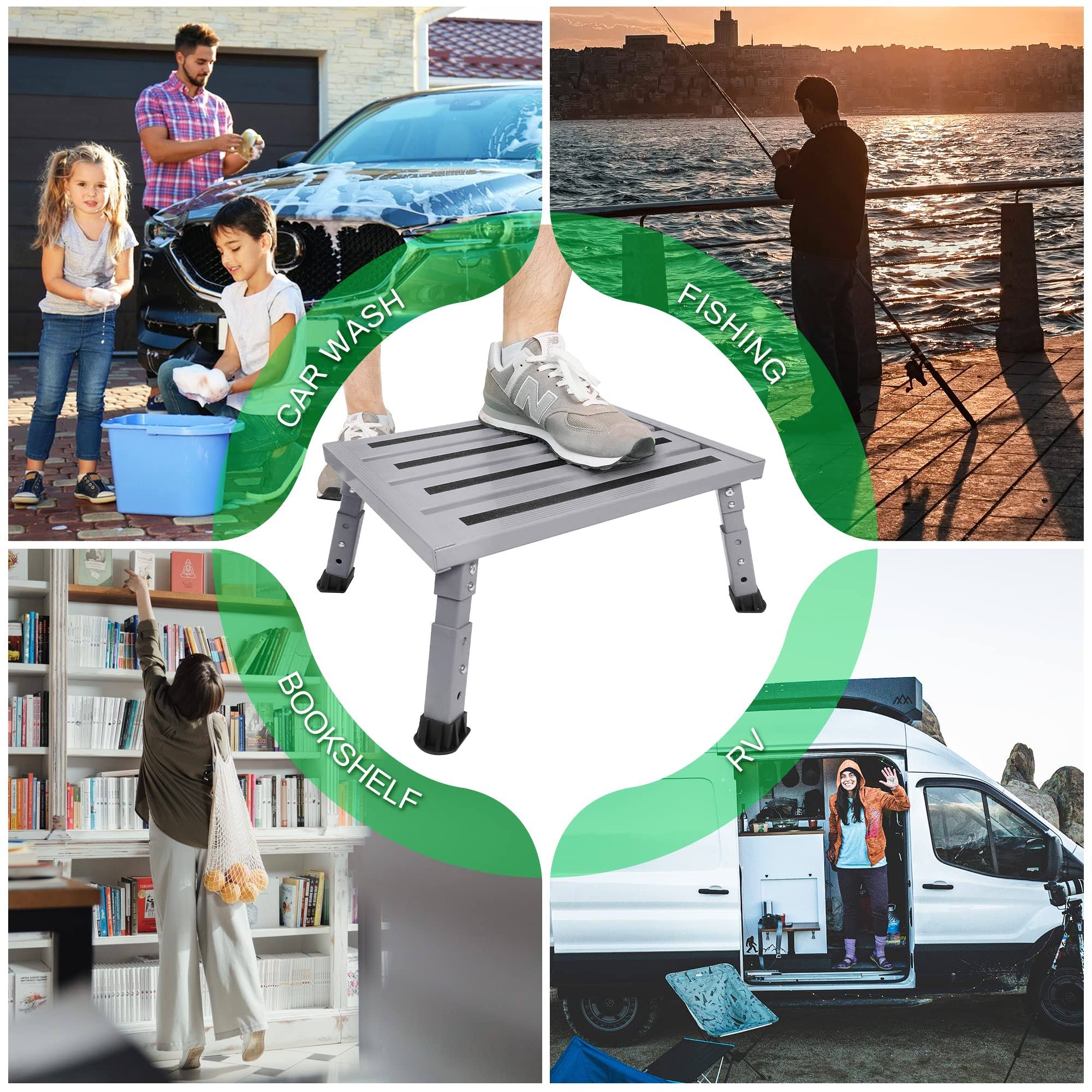 DEPSUNNY Adjustable Height Aluminum RV Step, Stable Foldable Platform Step Stool, Supports Up to 1,000 lb, Non-Slip Rubber Feet and Platform Mat, Easy