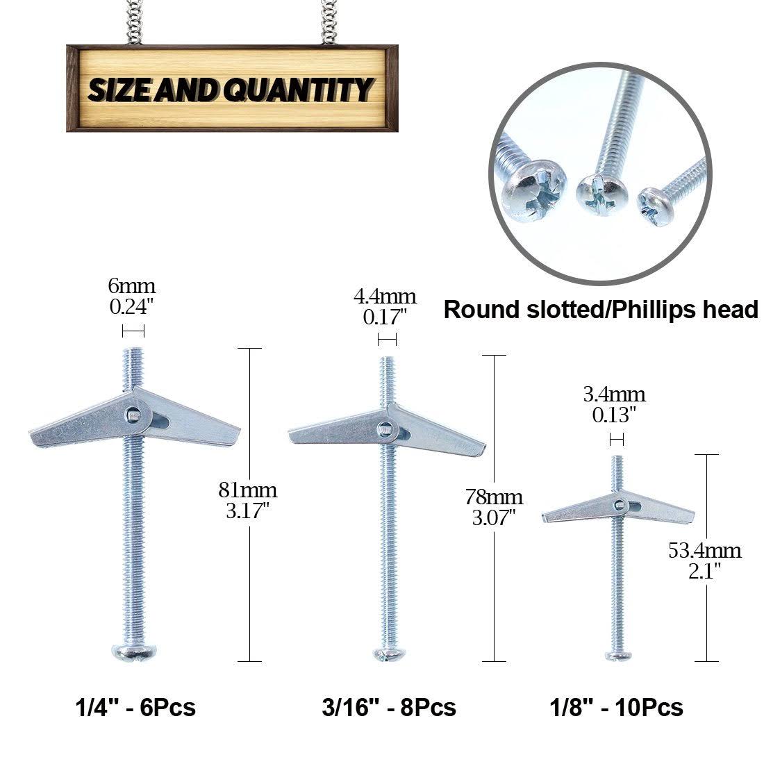 Swpeet Assorted 24 Pcs Toggle Bolt and Wing Nut Kit for Hanging Heavy Items on Drywall- 1/8 inch 3/16inch 1/4Inch