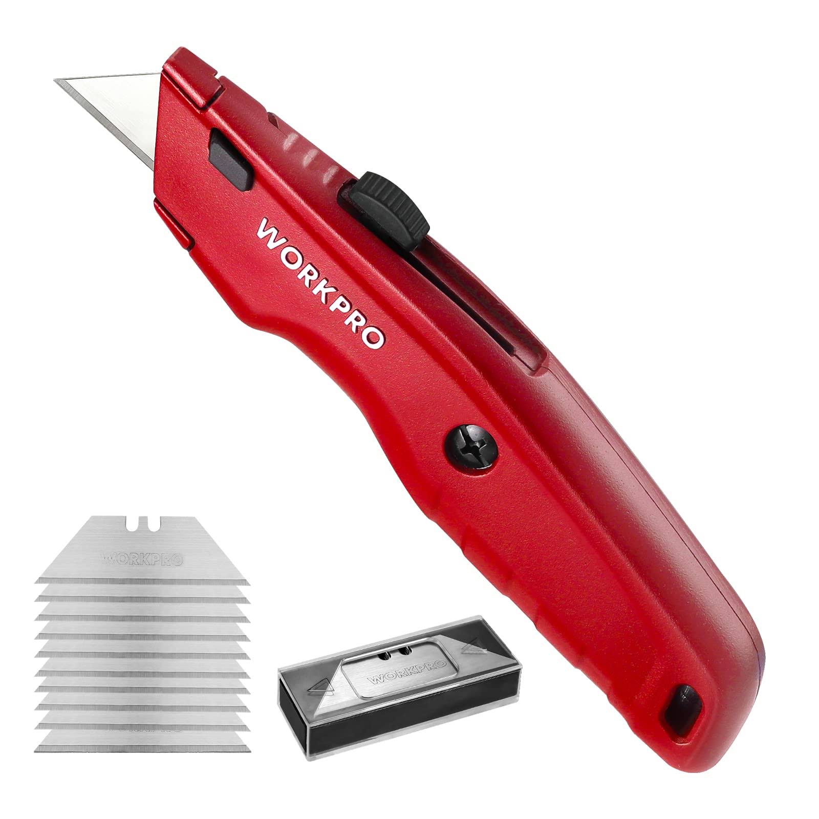 WorkPro Premium Utility Knife, 1pc Retractable All Metal Heavy Duty Box Cutter, Quick Change Blade Razor Knife, with 10 Extra Blades, Red