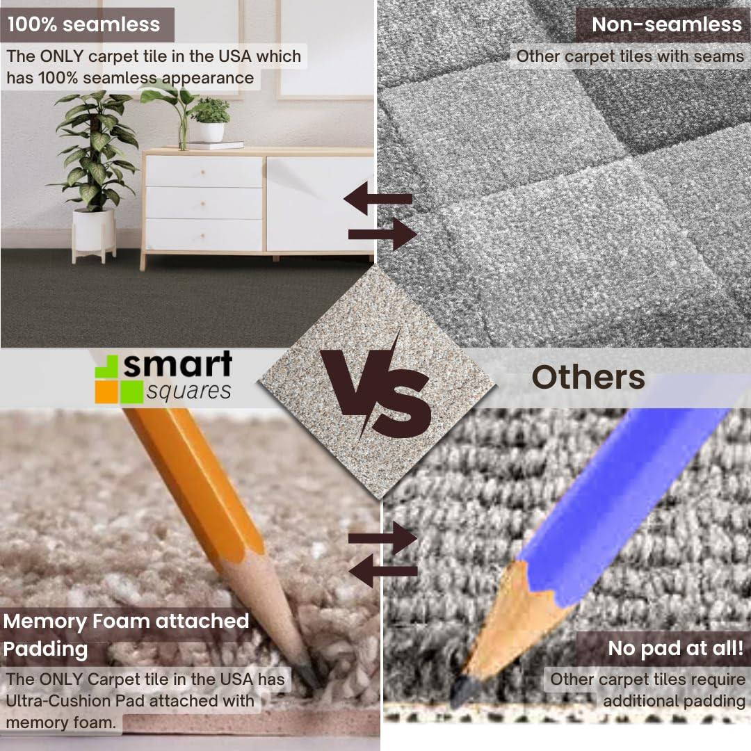 Smart Squares in A Snap Premium Made in The USA Carpet Tiles 18x18 inch, Soft Padded, Seamless Appearance, Peel and Stick for Easy DIY Installation