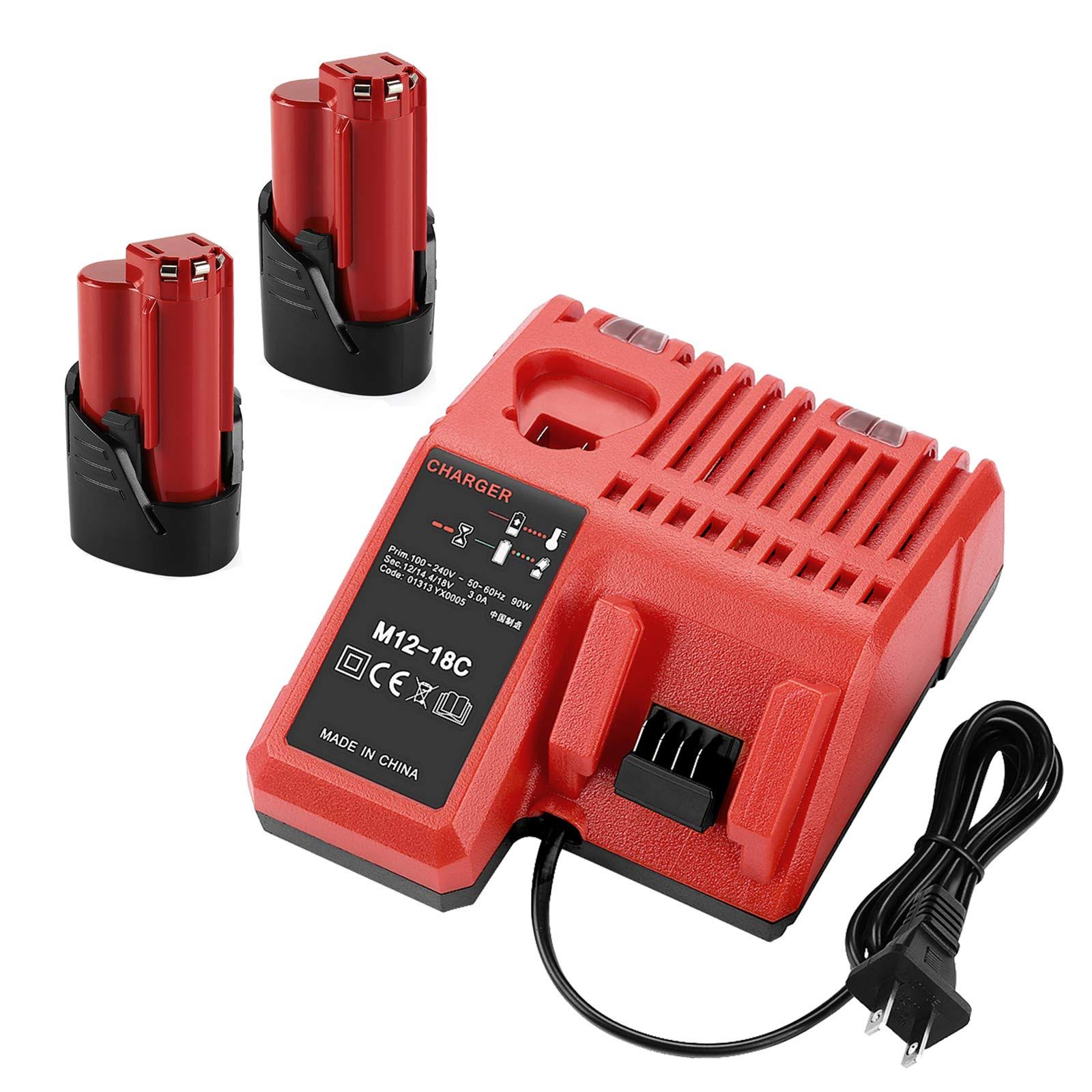 ANTRobut 2 Pack 3000mAh Replacement Lithium 12V Milwaukee M12 Battery + M12 Rapid Charger for Milwaukee M12 Battery Charger