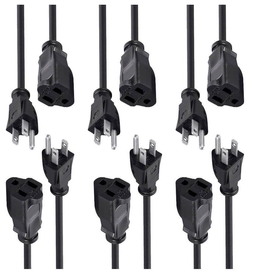 Monoprice Extension Cord- NEMA 5-15P to NEMA 5-15R, 16AWG, 13A, 3-Prong, Black, 6ft, 6-Pack