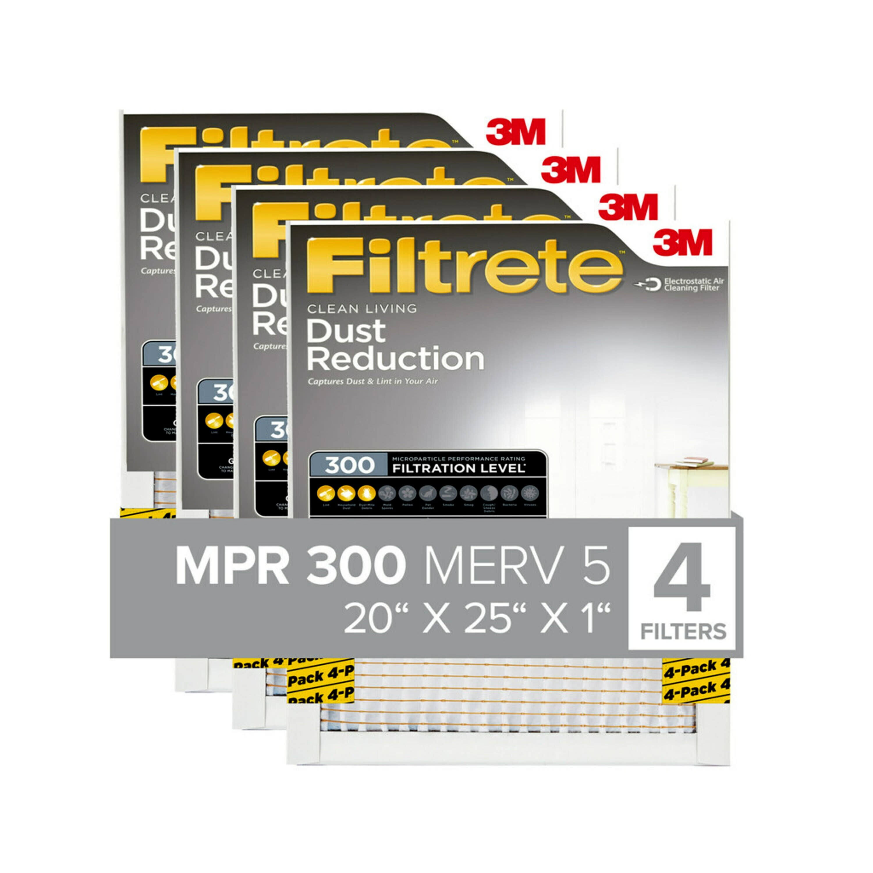 Filtrete 303-4PK-2 20x25x1 Air Filter, MPR 300 MERV 5, Clean Living Dust Reduction, 4 Filters