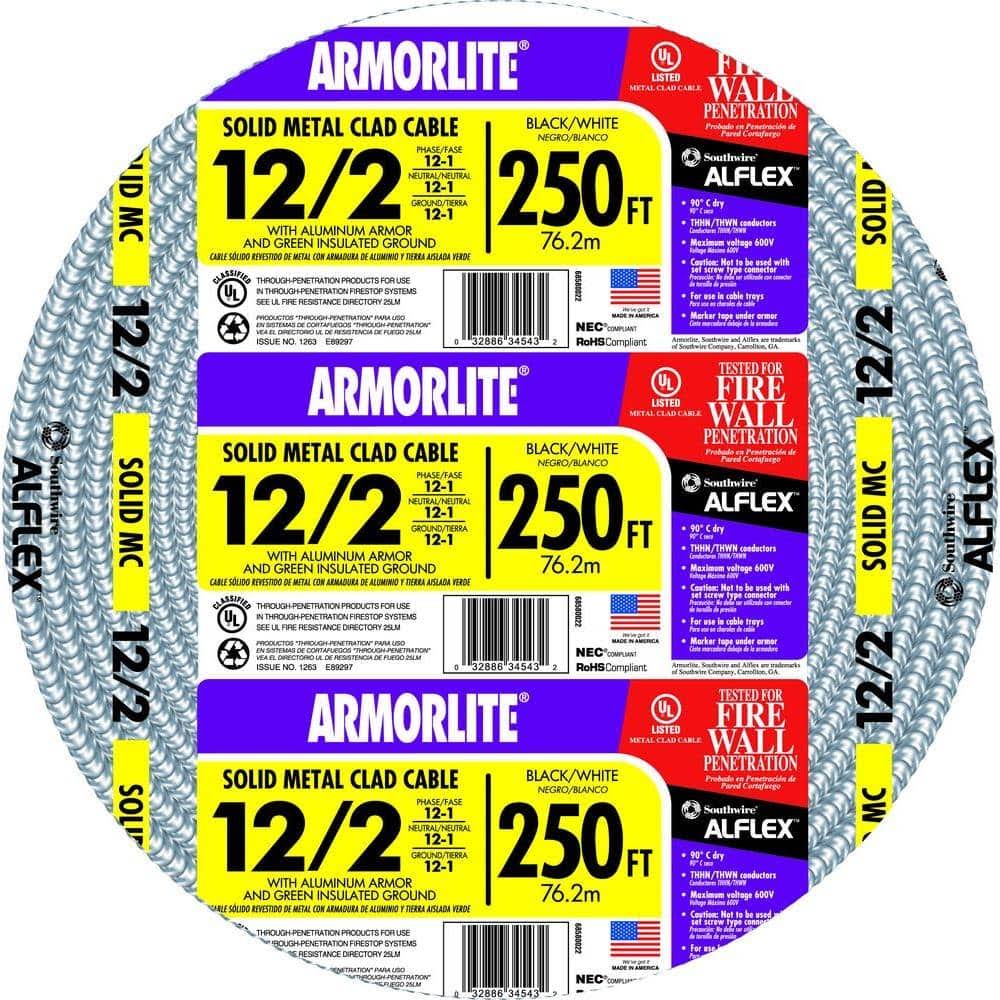Southwire Armorlite Solid Aluminum 12/2 MC Cable, 250'