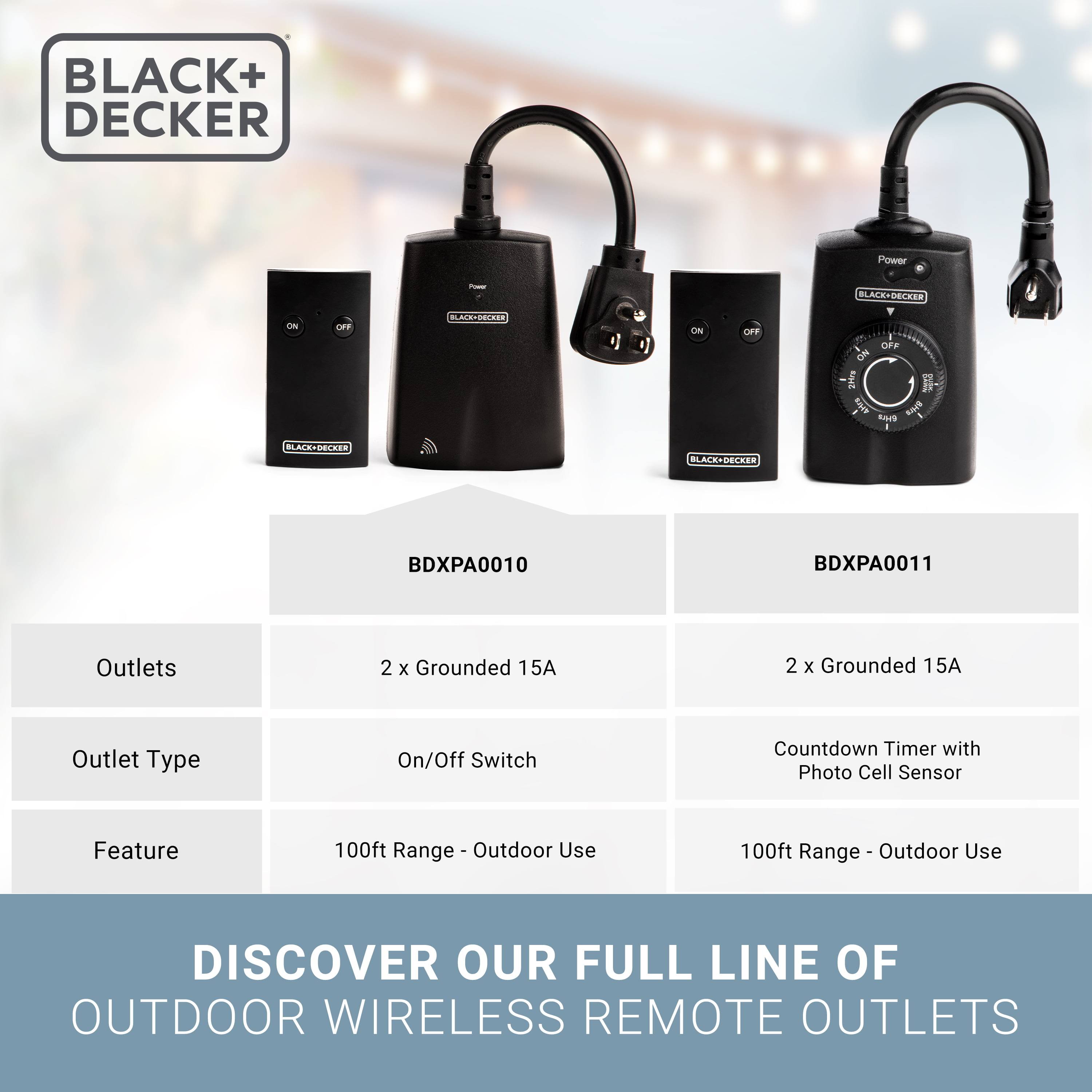 Black+decker BDXPA0010 Outdoor Wireless Outlet with Remote 2 Grounded Outlets Remote Light Switches