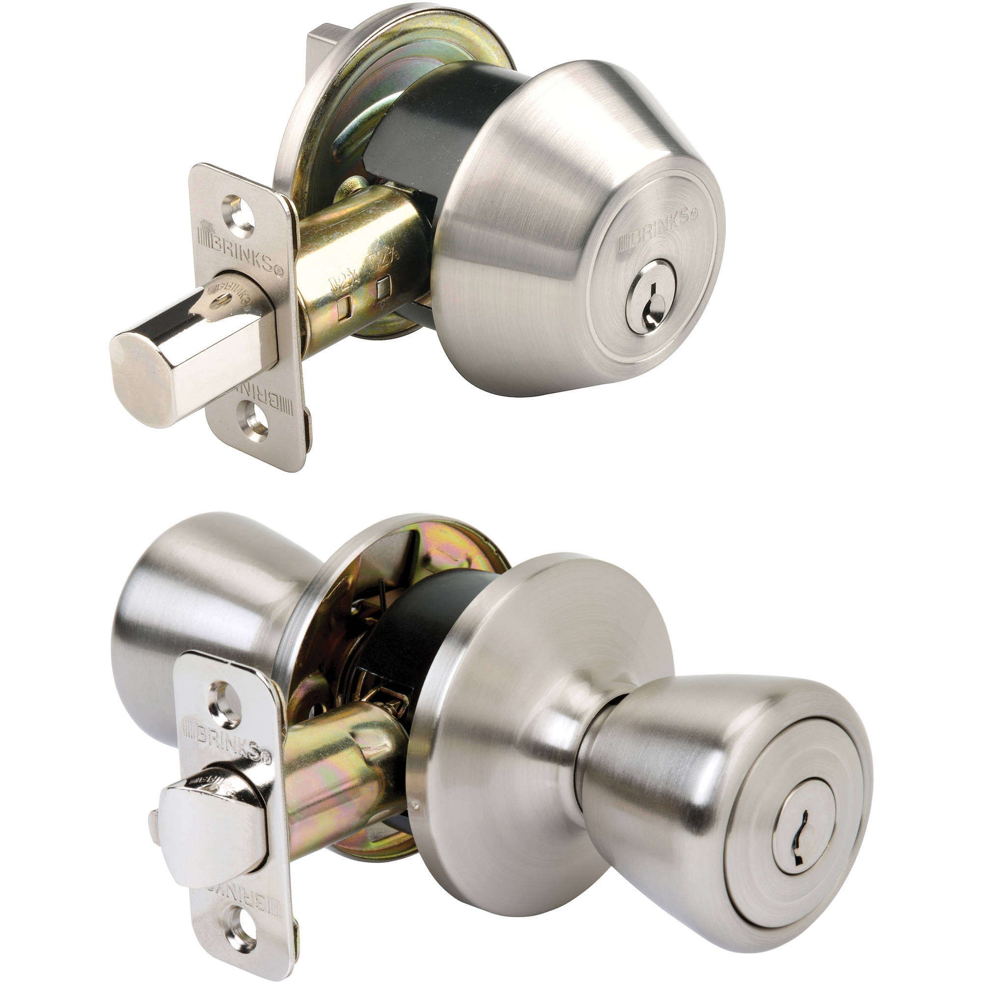 Brink's Tulip Style Keyed Entry Door Knob and Single Deadbolt, Satin Nickel