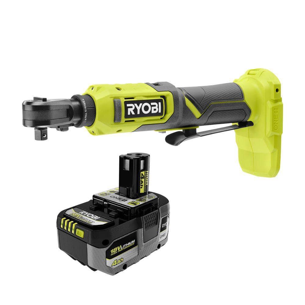Ryobi One+ 18V Cordless Multi Size Ratchet with One+ 18V 4.0 Ah Lithium-Ion High Performance Battery