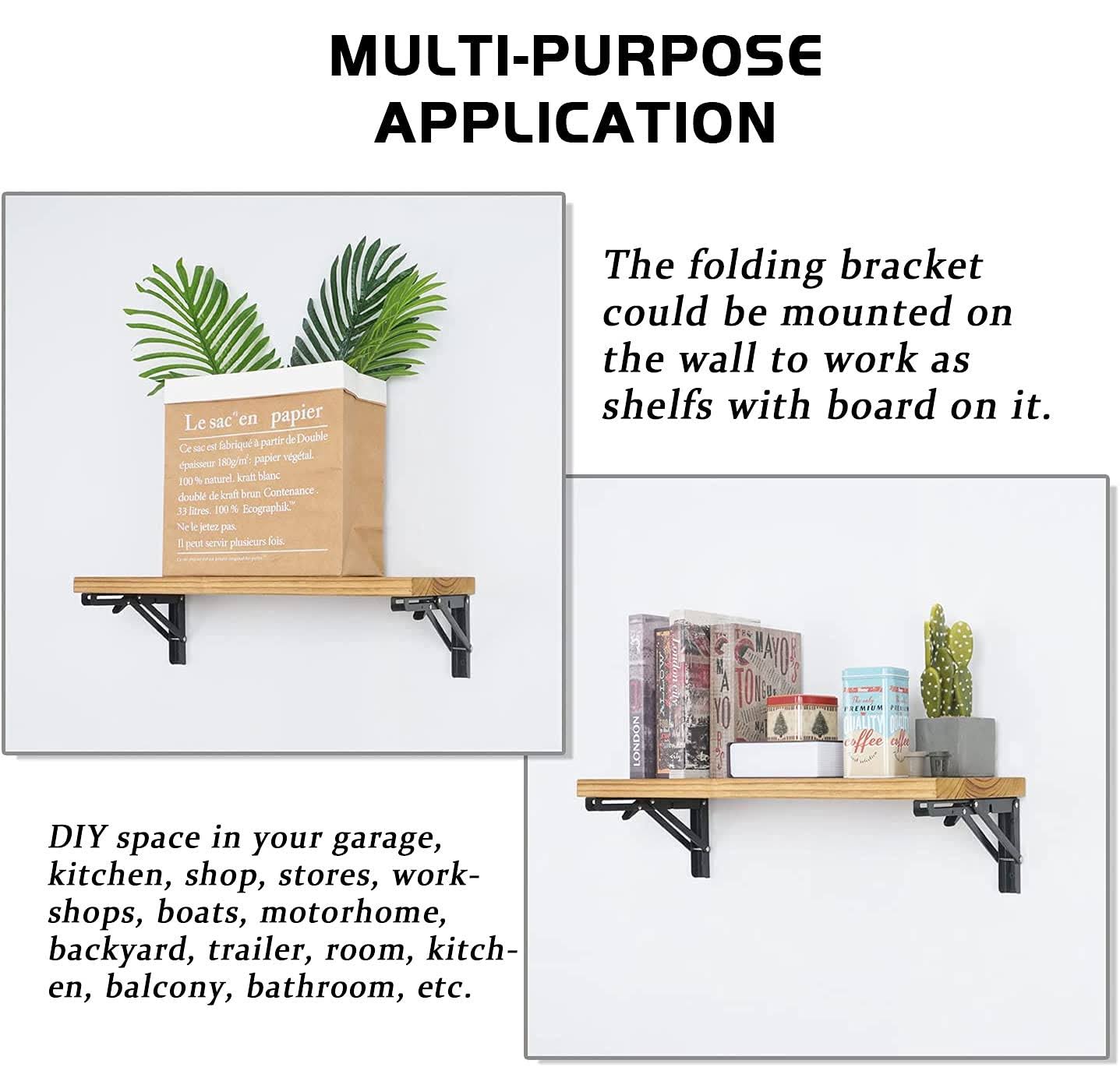 AUTOHJ Folding Shelf Brackets- Heavy Duty Stainless Steel Collapsible Triangle Shelf Bracket, DIY Wall Mounted Folding Table Hinge, Space Saving for Bench