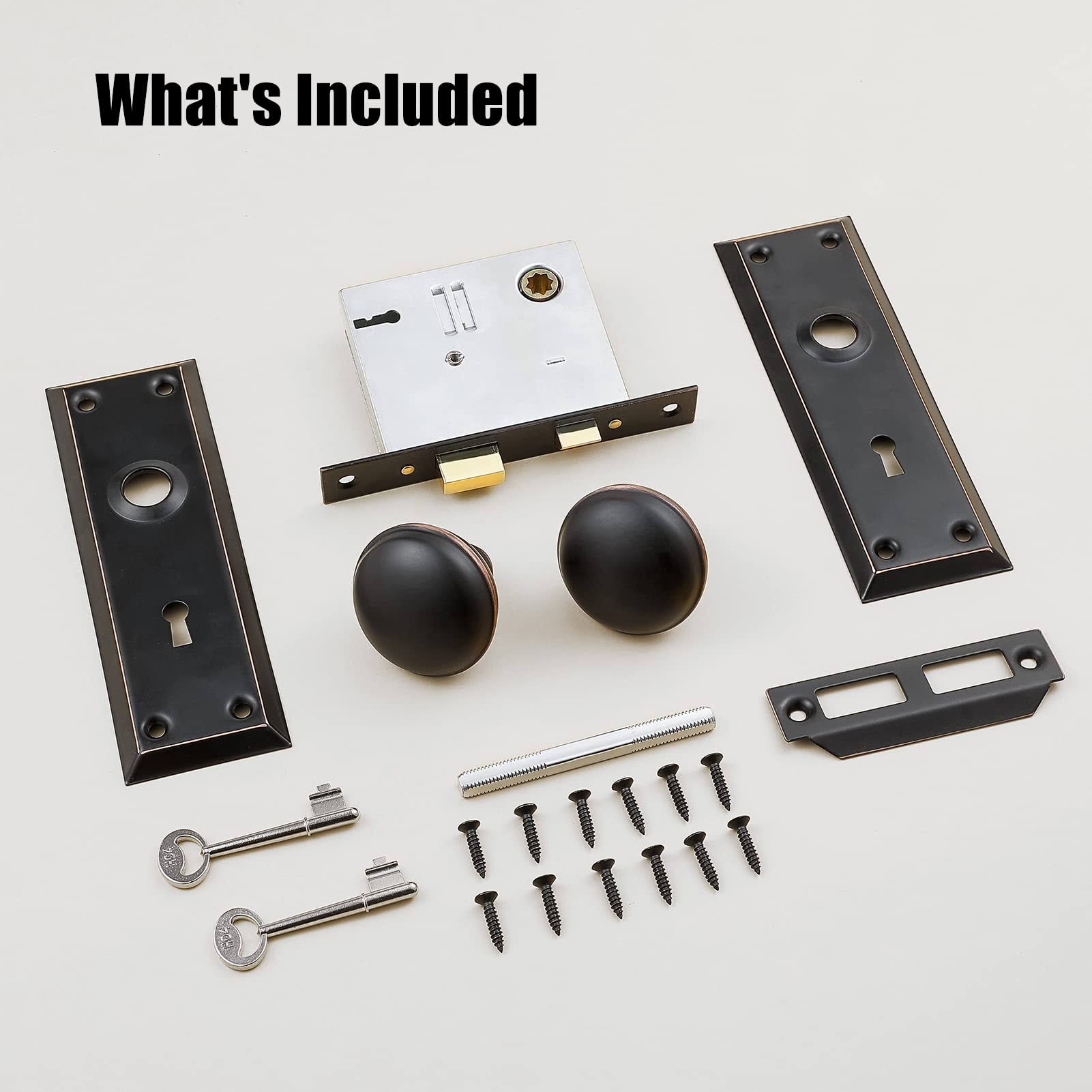 newliplace Mortise Lock Set for Interior Door, Vintage Door Knobs with Lock and Skeleton Key, Antique Door Knobs Oil Rubbed Bronze Finish