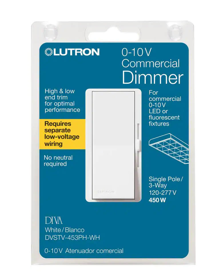 Lutron Diva Dimmer for 0-10V LED/Fluorescent Fixtures, Single-Pole or 3-Way, White DVSTV-453PH-WH