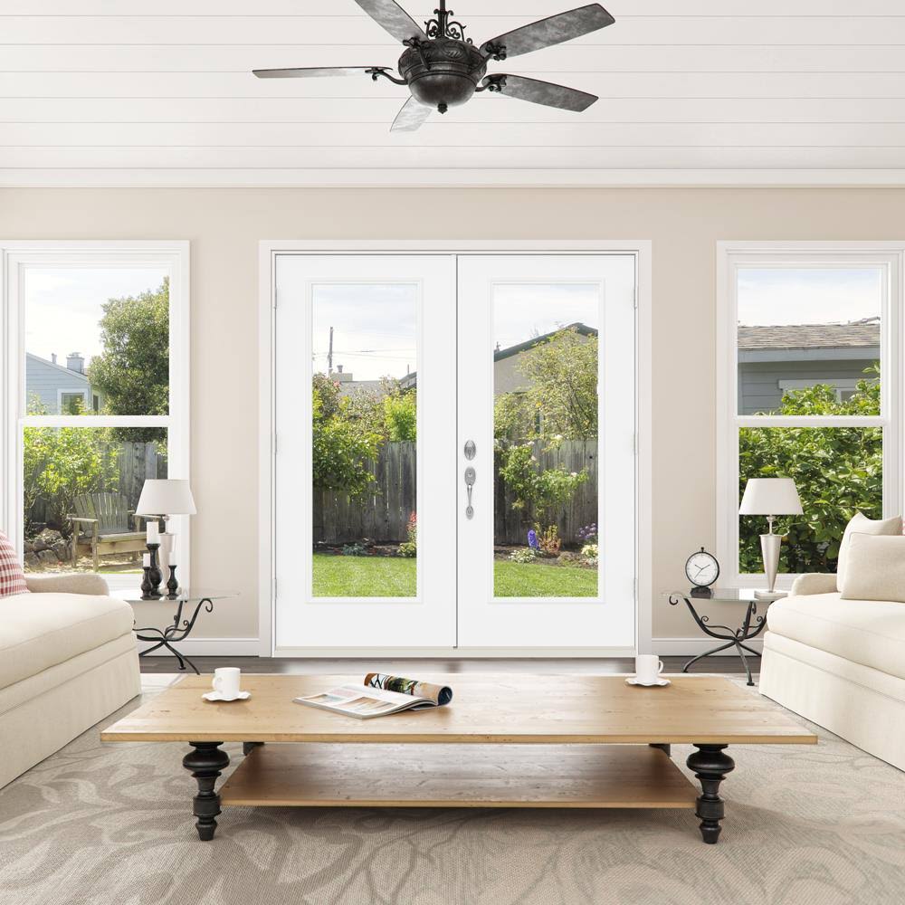 JELD-WEN 60-in x 80-in Low-E Primed Steel French Left-Hand Inswing Double Patio Door Brickmould Included in Off-White | LOWOLJW205900001