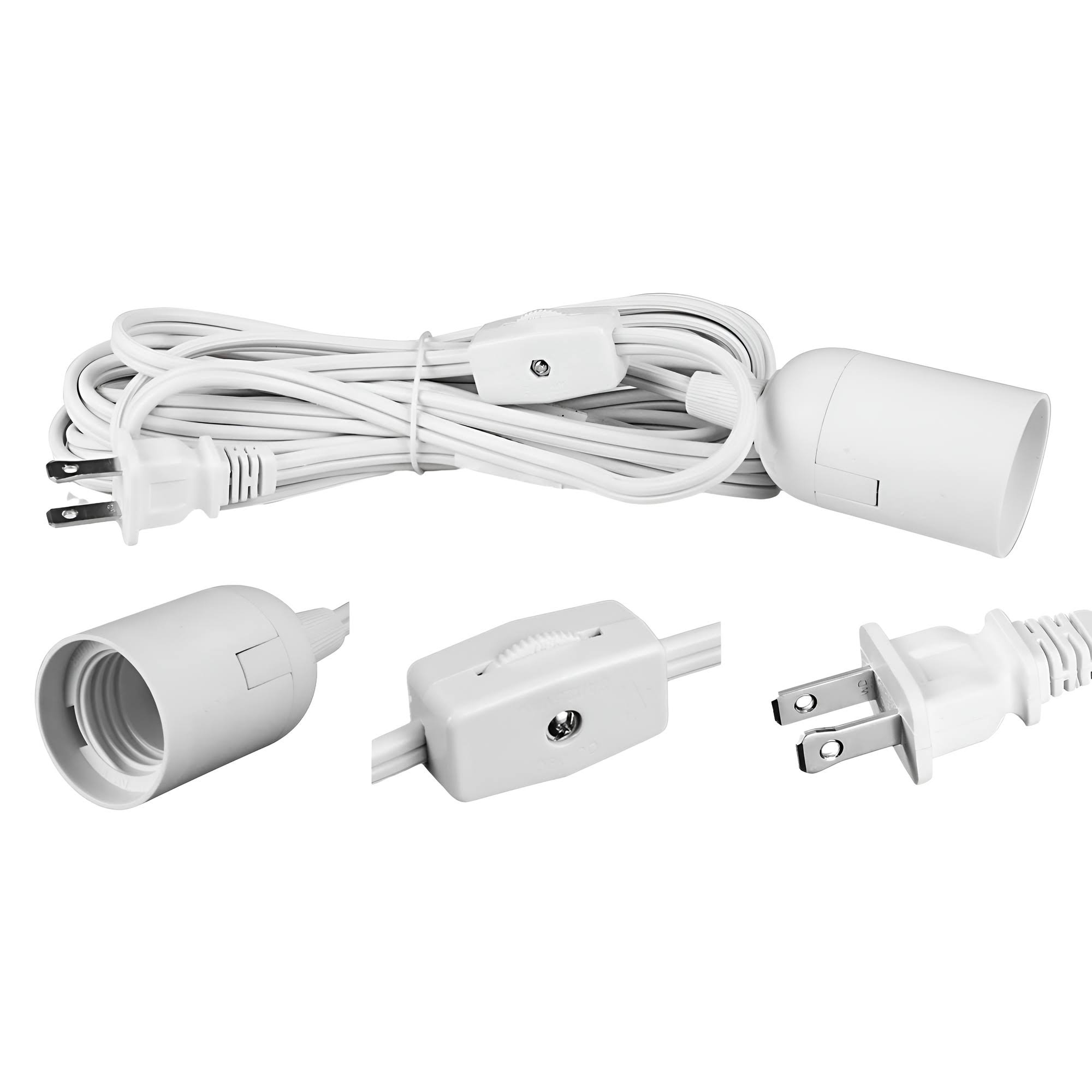 Abi E26 Light Bulb Socket to 2-Prong US AC Power Cord Adapter with On/Off Switch 12 ft Cable