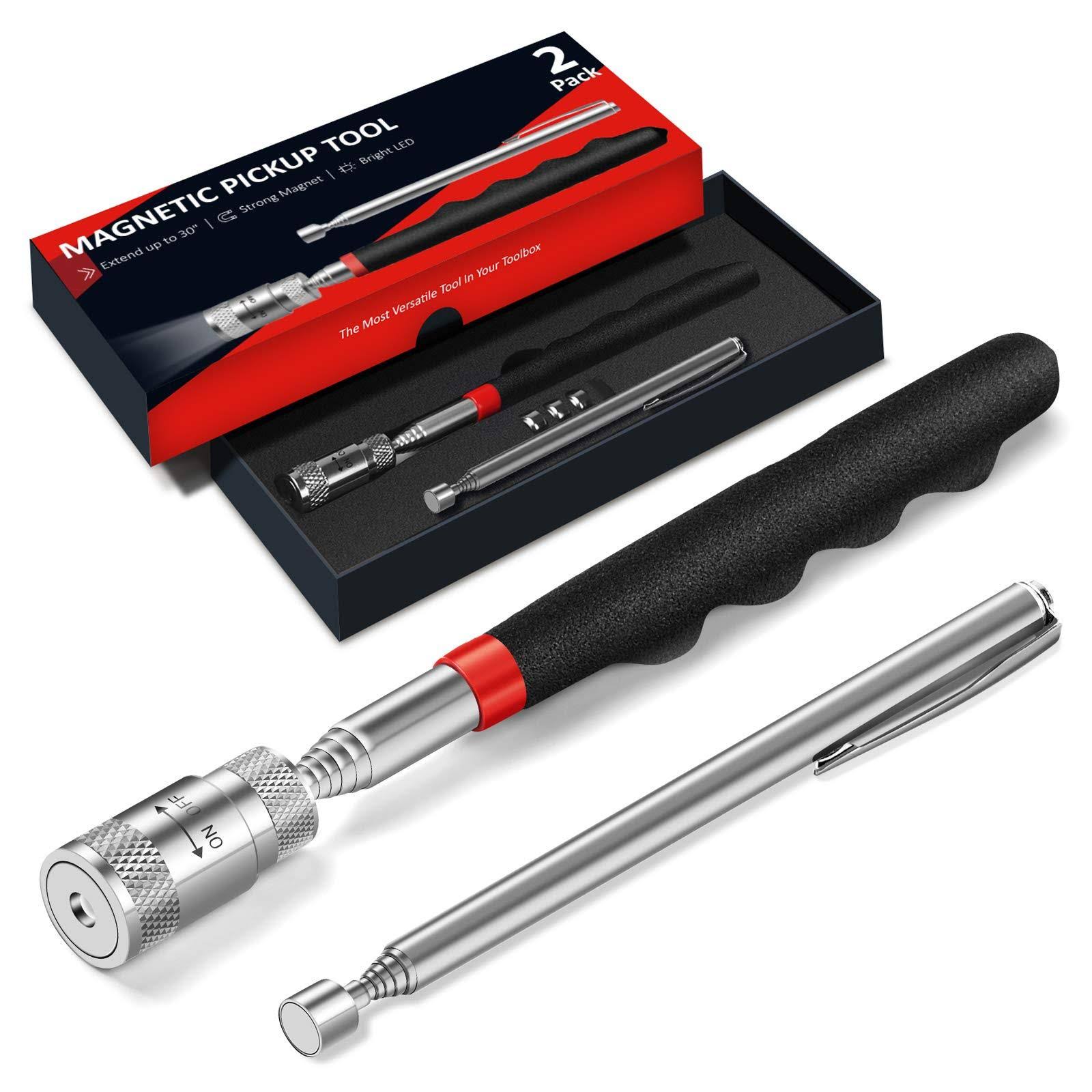 HELEMAN Magnetic Pickup Tools Gifts for Men- 2 Pcs Christmas Stocking Stuffers for Men Dad Birthday LED Telescoping Pick Up Tool Set Strong Magnet Fo