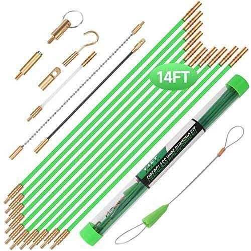 14ft Fiberglass Running Electrical Wire Cable Glow Rods Wire Pulling, Fish Rods Electrical Kit with 8 Different Attachments and Fish Tape Wire