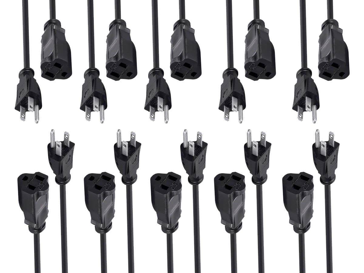 Monoprice Extension Cord- NEMA 5-15P to NEMA 5-15R, 16AWG, 13A, 3-Prong, Black, 3ft, 10-Pack
