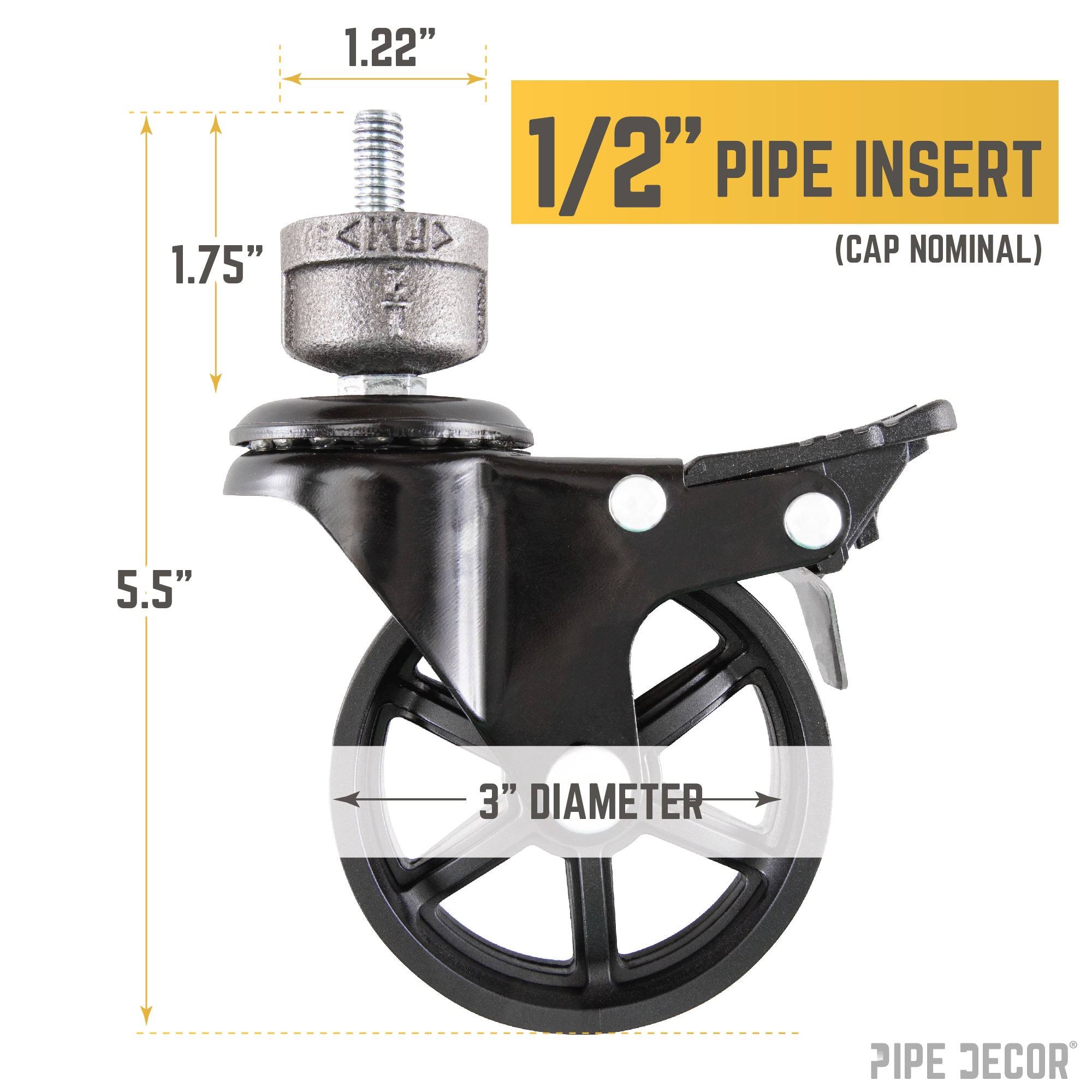 Pipe Decor 1/2 in. Black Malleable Iron Cap Fitting with 3 in. Caster Wheel for Pipe Furniture (4-Pack)