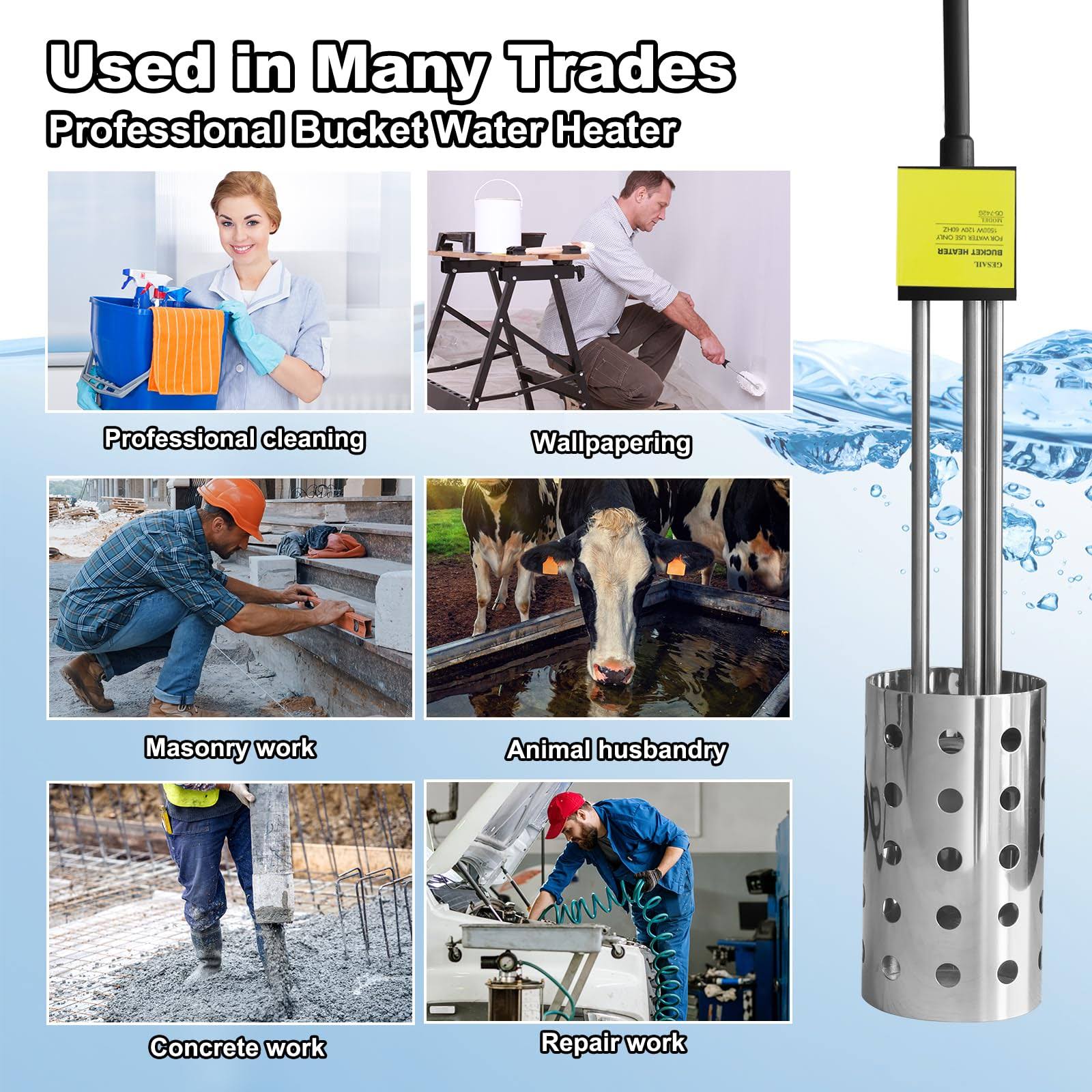 1500W Immersion Heater, Gesail UL-Listed Bucket Water Heater with 304 Stainless-Steel Guard, Submersible Bucket Heater with Thermostat and Auto