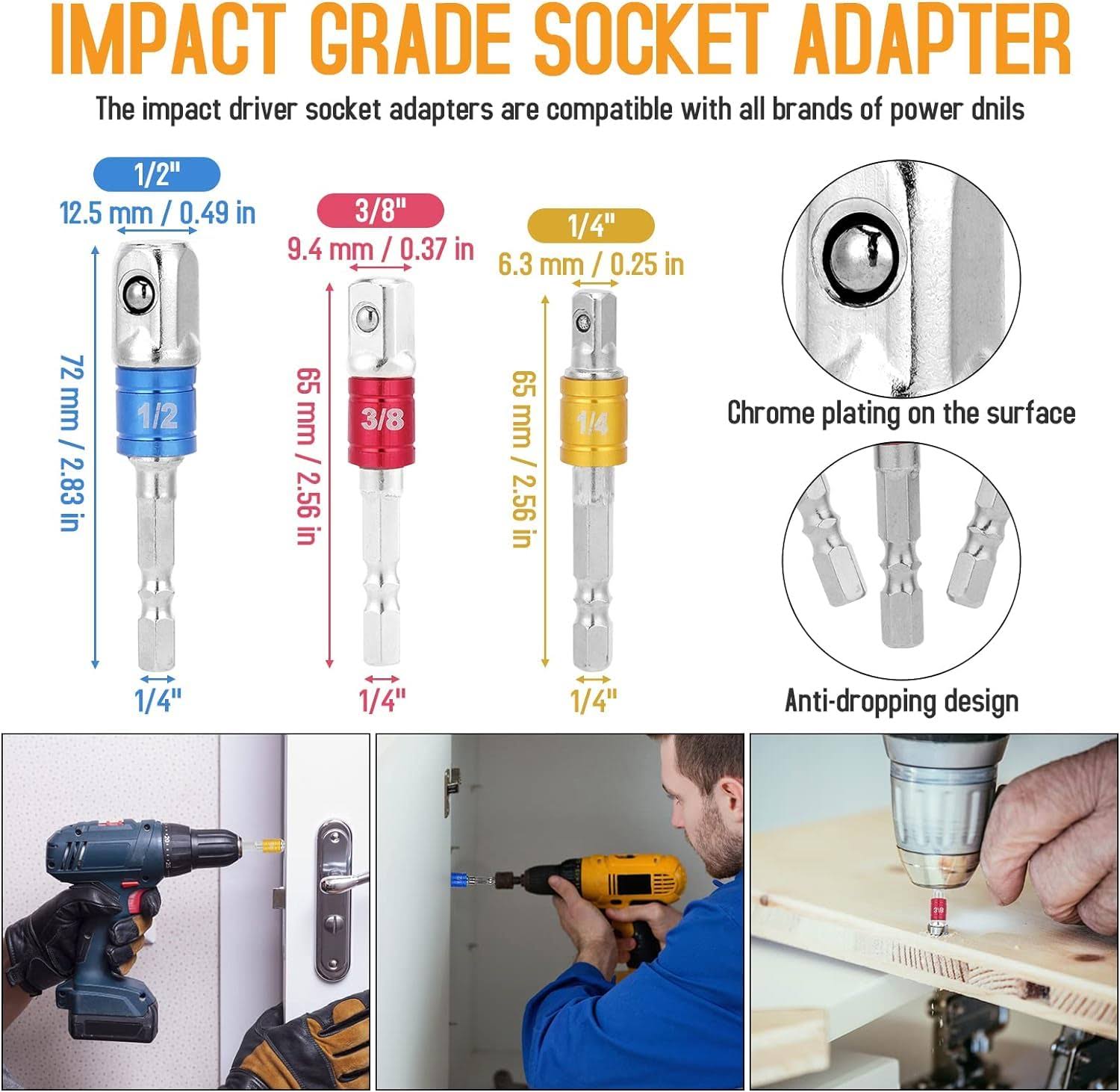 Tietoc Flexible Drill Bit Extension Set 19pcs Tools, Hex Shank 105�� Right Angle Drill Bit Attachment, Bendable, 3pcs 1/4 3/8 1/2