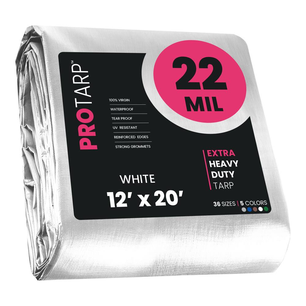 PROTARP 12 ft. x 20 ft. White Polyethylene Heavy Duty 22 Mil Tarp, Waterproof, UV Resistant, Rip and Tear Proof