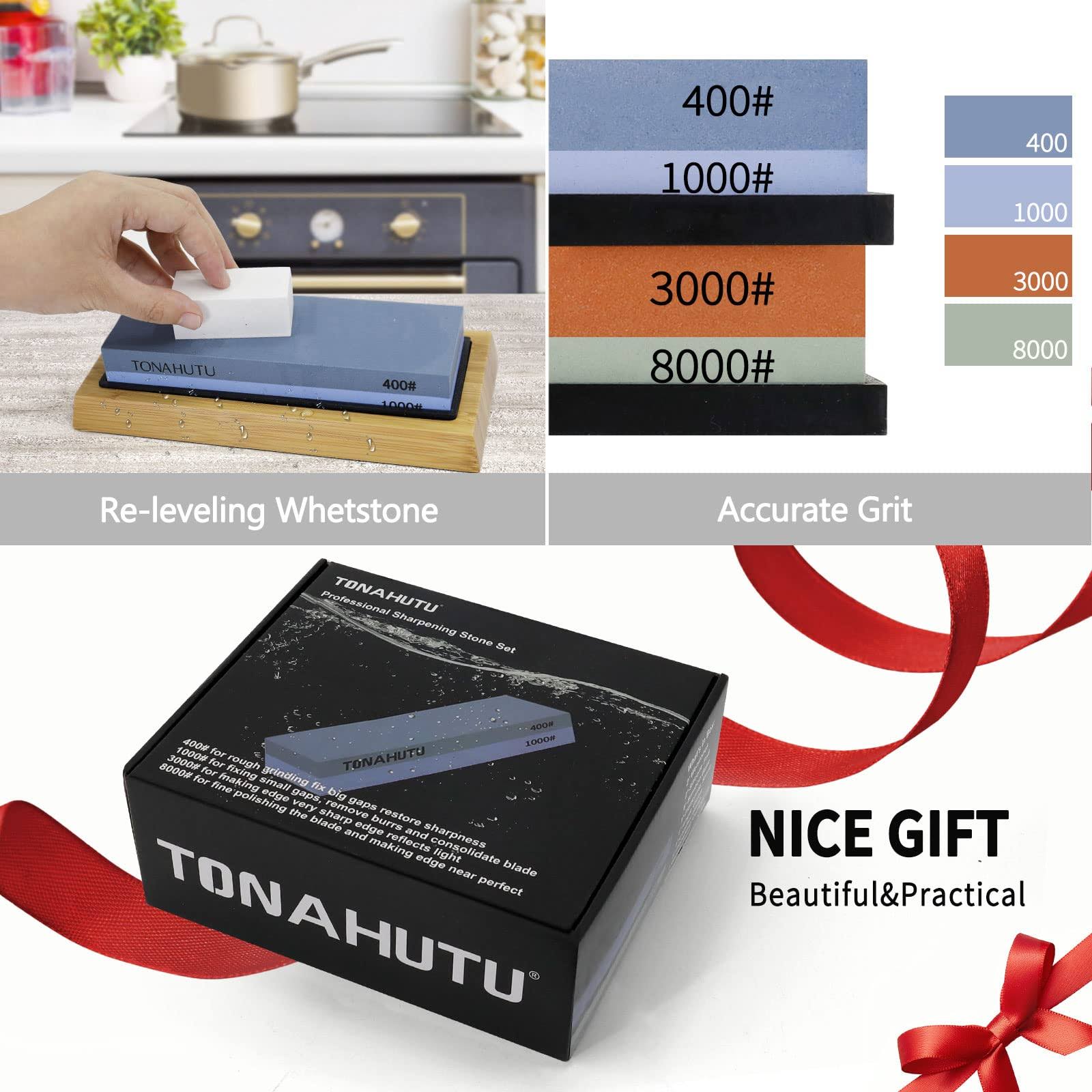 TONAHUTU Knife Sharpening Stone Set, Professional 4 Side Grit 400/1000 3000/8000 Premium Whetstone Knife Sharpener with 150/320 Flattening Stones,