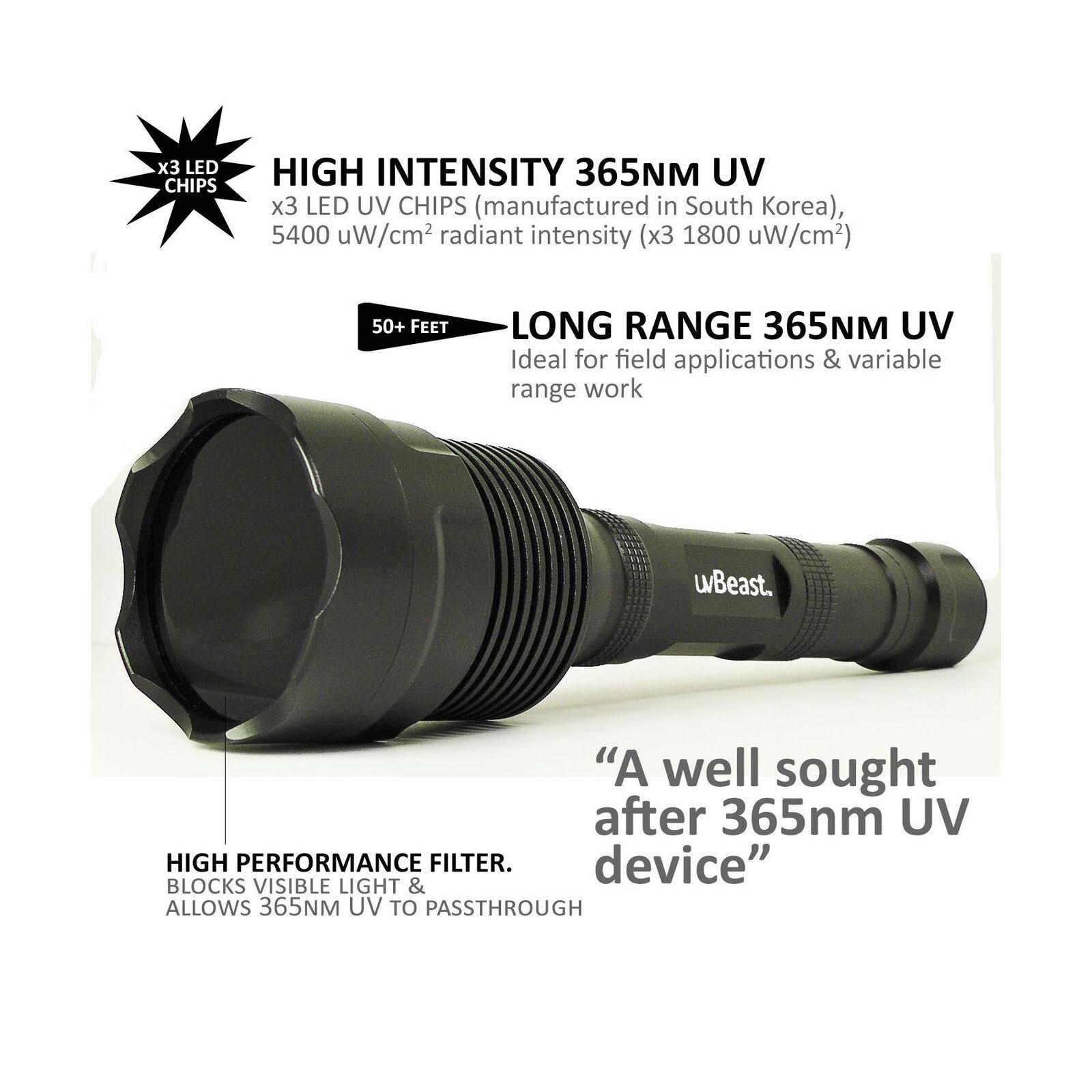 uvBeast New V3 365nm Black Light UV Flashlight- High Definition Ultraviolet- Rechargeable 18650- High Power and Long Range Professional Grade Beam