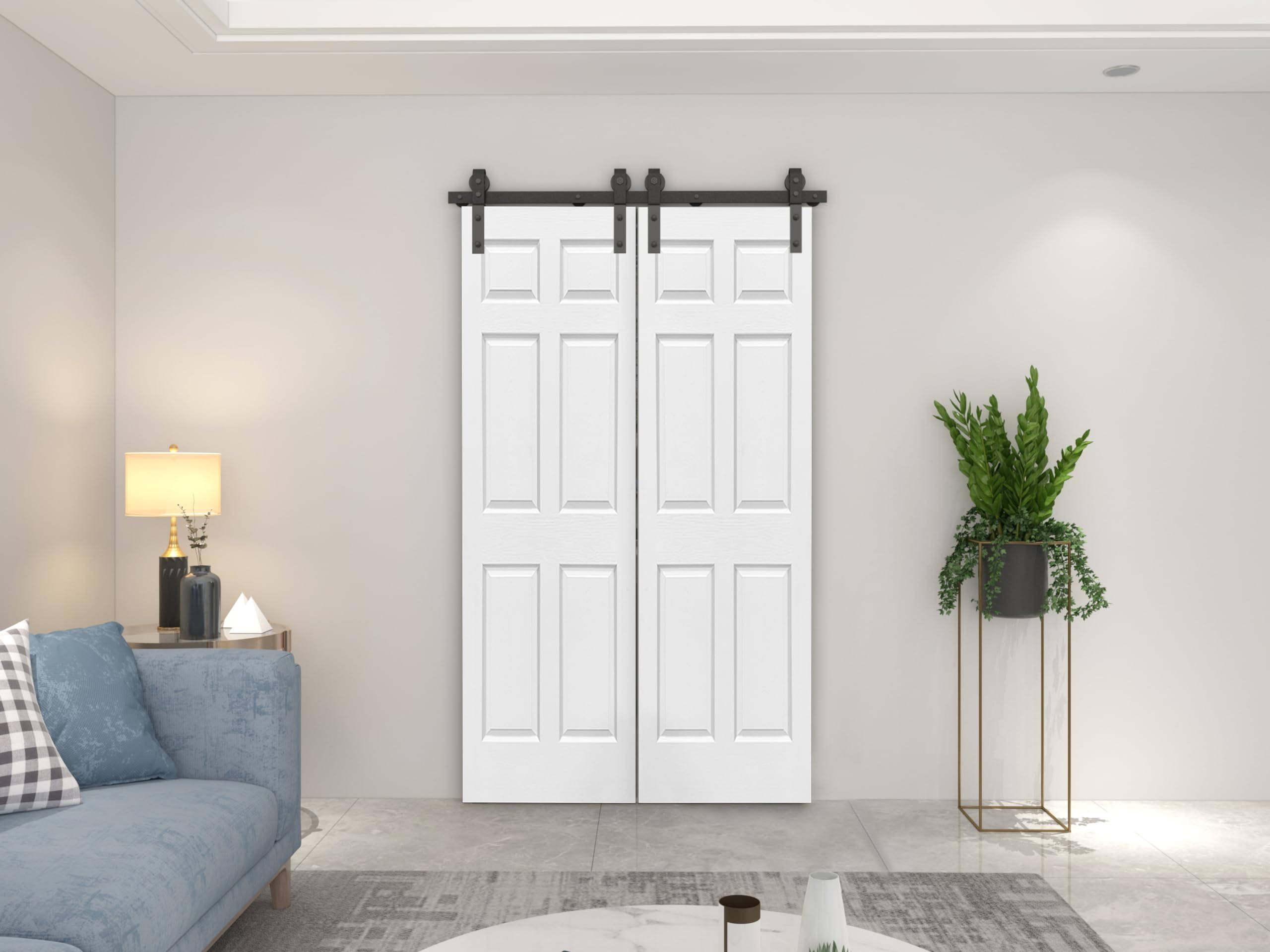 CALHOME 48 in. x 80 in. 6 Panel Primed MDF Composite Double Bi-Fold Barn Door with Sliding Hardware Kit