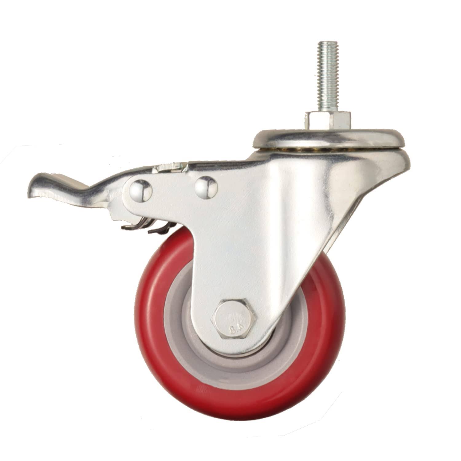 Heavy Duty Stem Caster Wheels Double Bearing PU Castors No Noise Swivel Casters M8-1.25x25mm 4 Packs with Dual Locking (3 inch,with BRAKE)