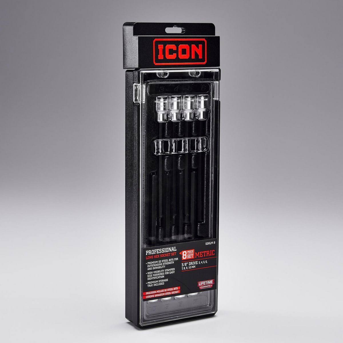 Icon 3/8 in. Drive Metric Professional Long Hex Bit Socket Set, 8 Piece 56583