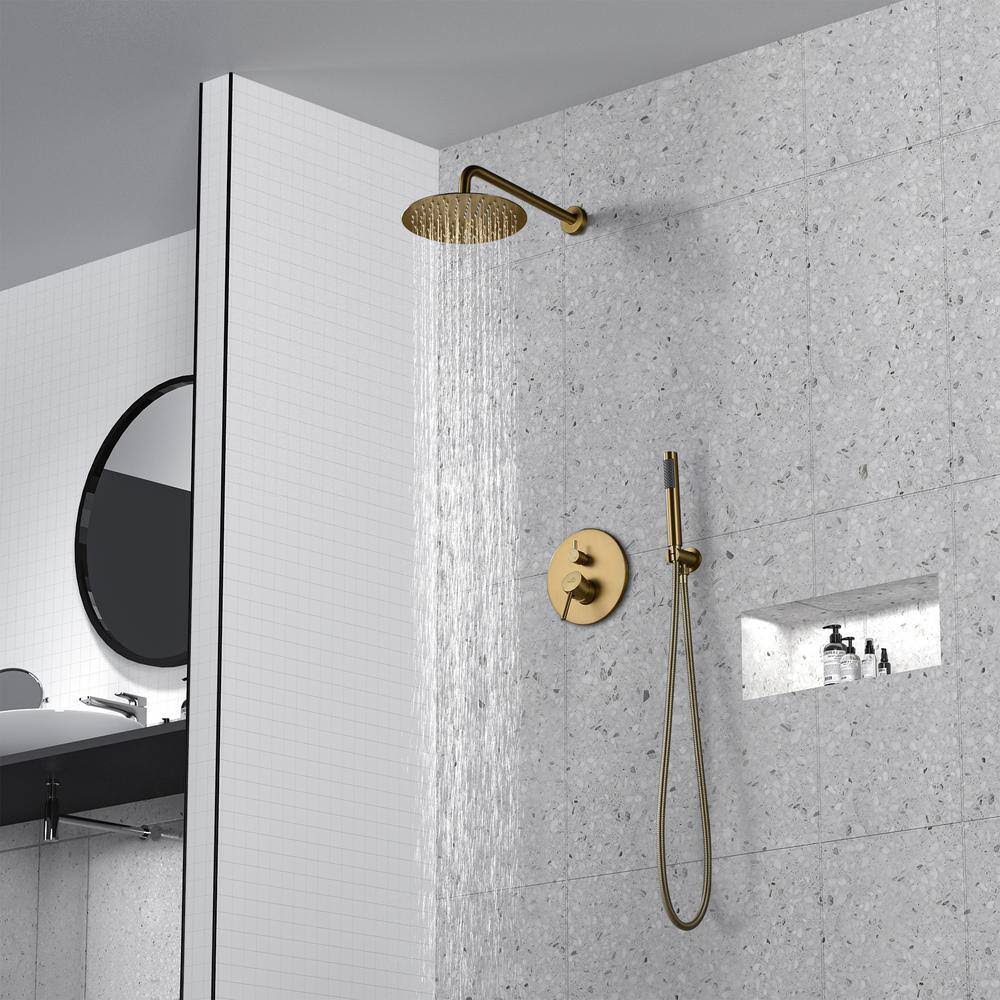 CASAINC 1-Spray Patterns Round 2-Function 10 in. Wall Mount Dual Shower Heads with Handheld in Brushed Gold