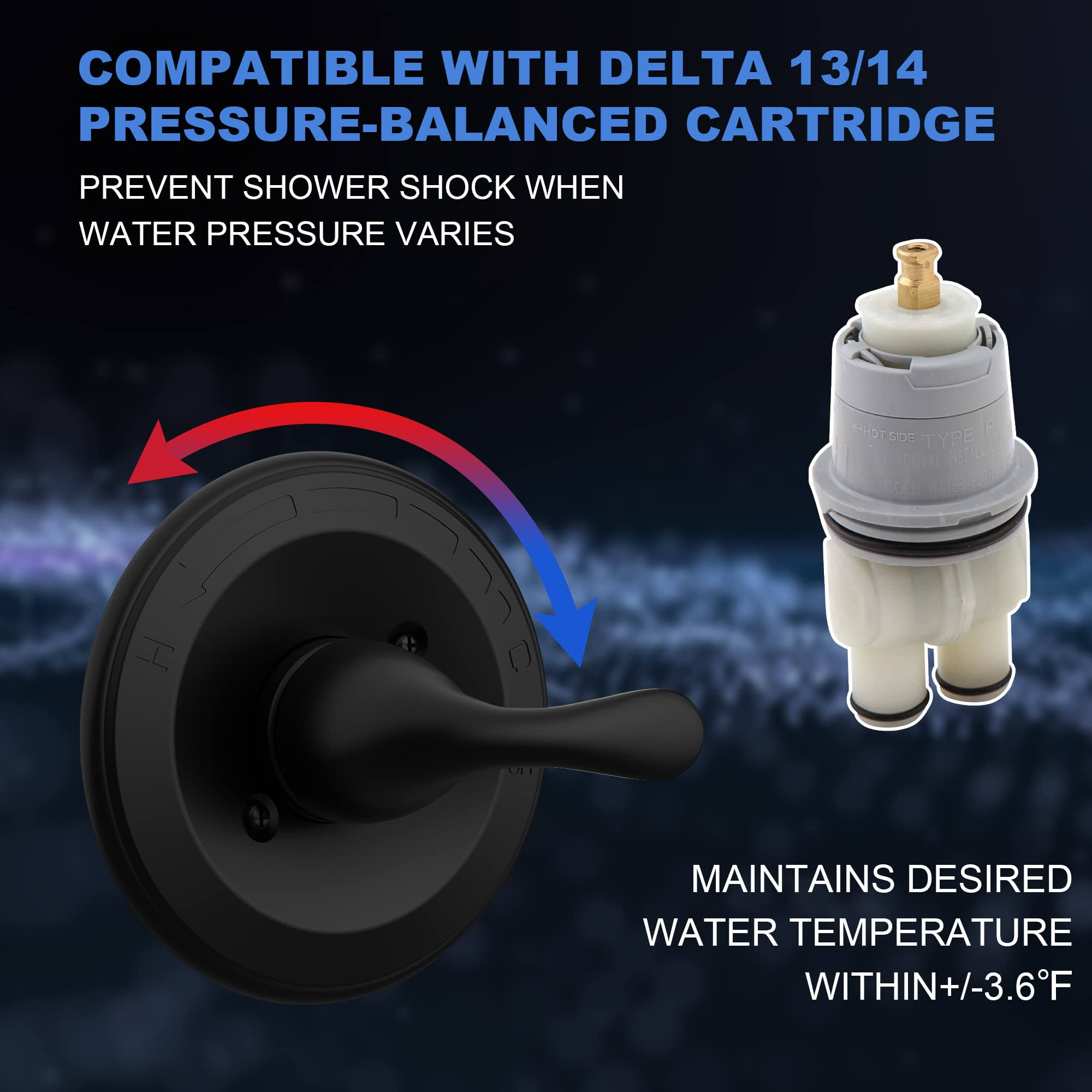 Pressure-Balancing Shower Valve Trim Kit Replacement for Delta T13020-BL Classic 13 Series, Matte Black (RP46074 Cartridge Included, Valve Not