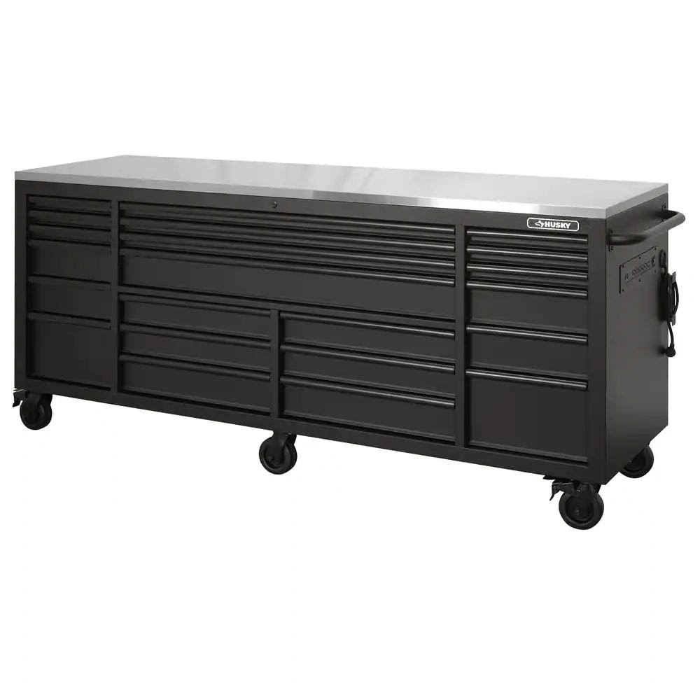 Husky Tool Storage 84 in. W Heavy Duty Matte Black Mobile Workbench Tool Chest with Stainless Steel Work Top, Matte Black with Black Trim