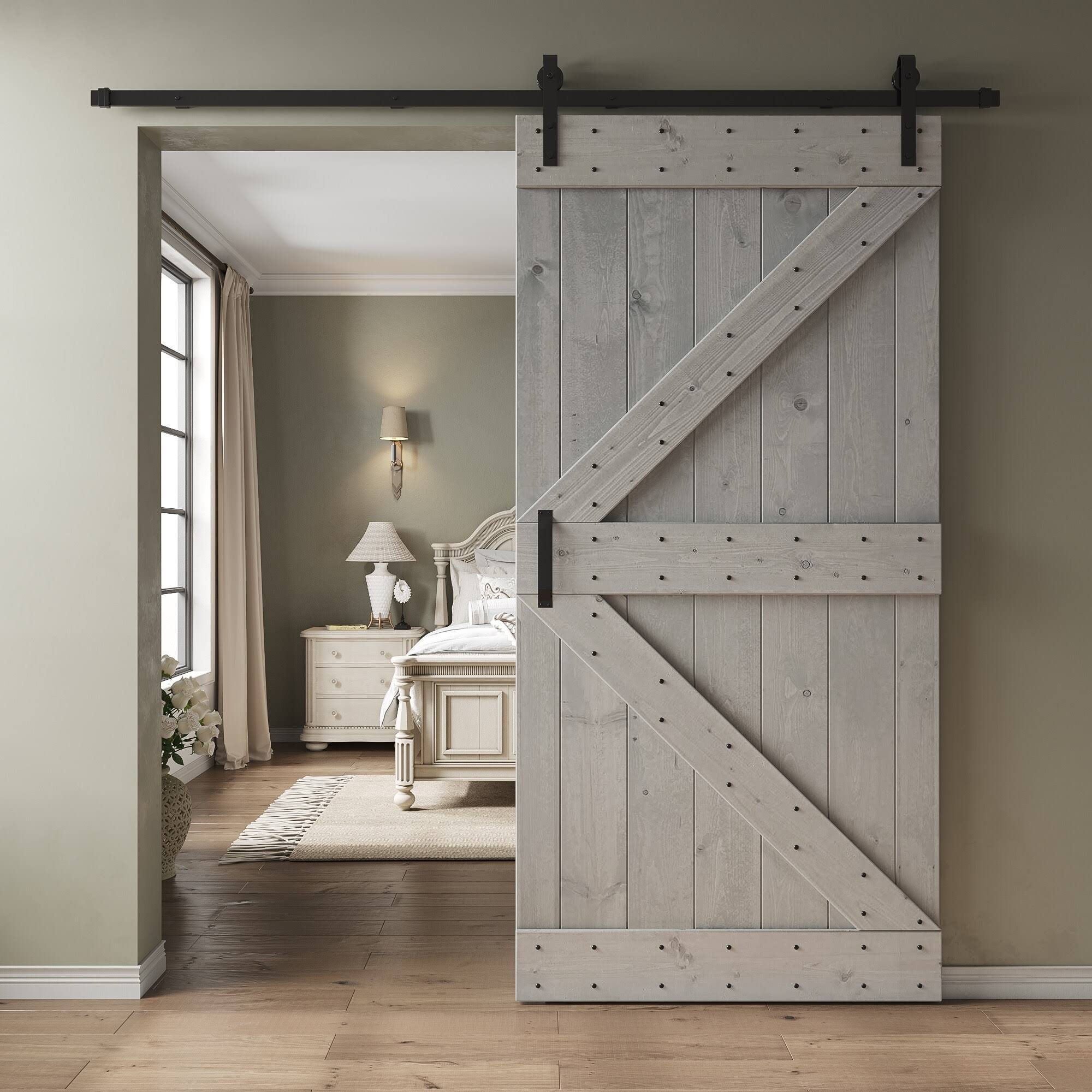 Coast Sequoia K Series 42 in x 84 in DIY Knotty Wood Sliding Barn Door with Hardware Kit (smoky Gray)
