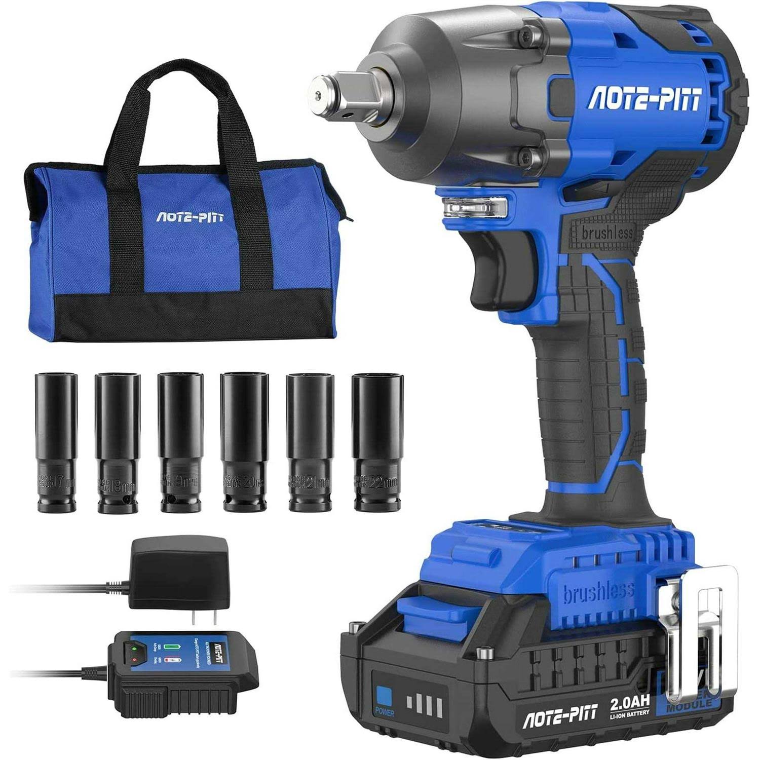 AOTE-PITT 20V 370 ft-lbs Brushless Impact Wrench Kit 1/2 inch Cordless Electric Impact Gun High Torque 3400 IPM Impact Driver with 6 Pcs Drive Impact