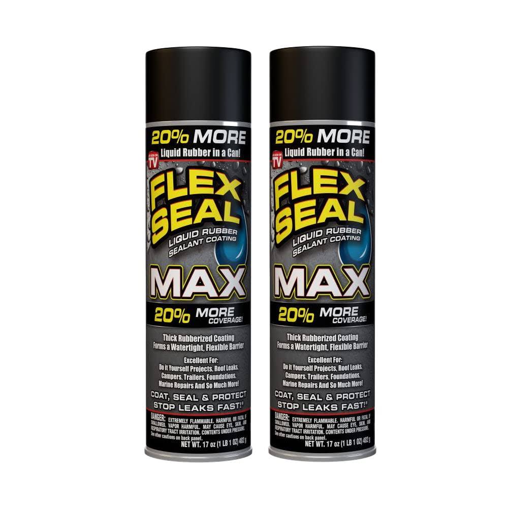 Flex Seal Max, 17 oz, 2-Pack, Black, Stop Leaks Instantly, Waterproof Rubber Spray on Sealant Coating, Perfect for Gutters, Wood, RV, Campers, Roof