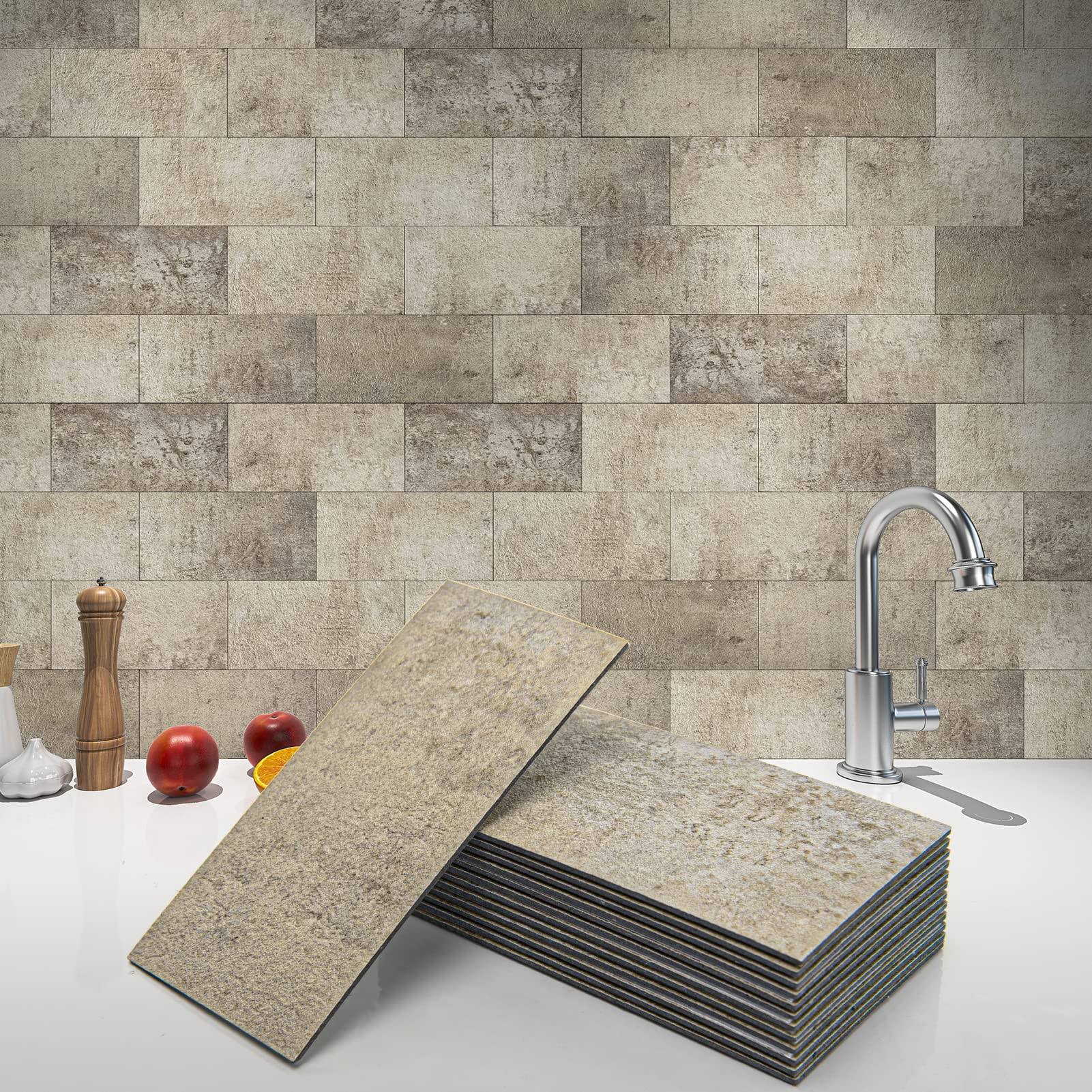 Art3d 102-Piece Peel and Stick Wall Tile for Kitchen Backsplash, Bathroom, Fireplace, 3in. x 6in. Stick on Subway Tile Stone Beige